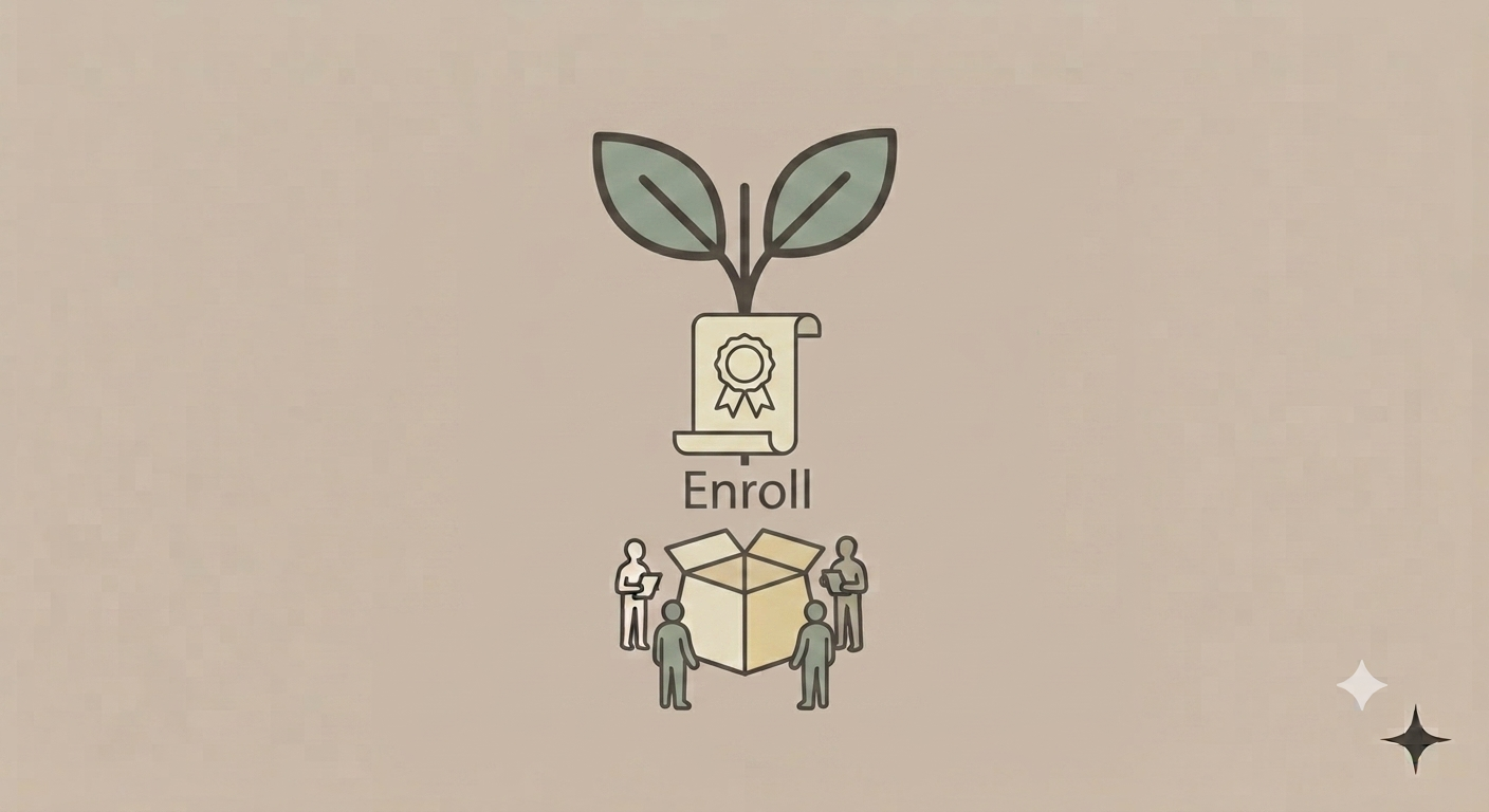 Illustration of a plant growing from a certificate with a ribbon, above a box with four people around it, all signifying the concept of 'enroll' in education or training.