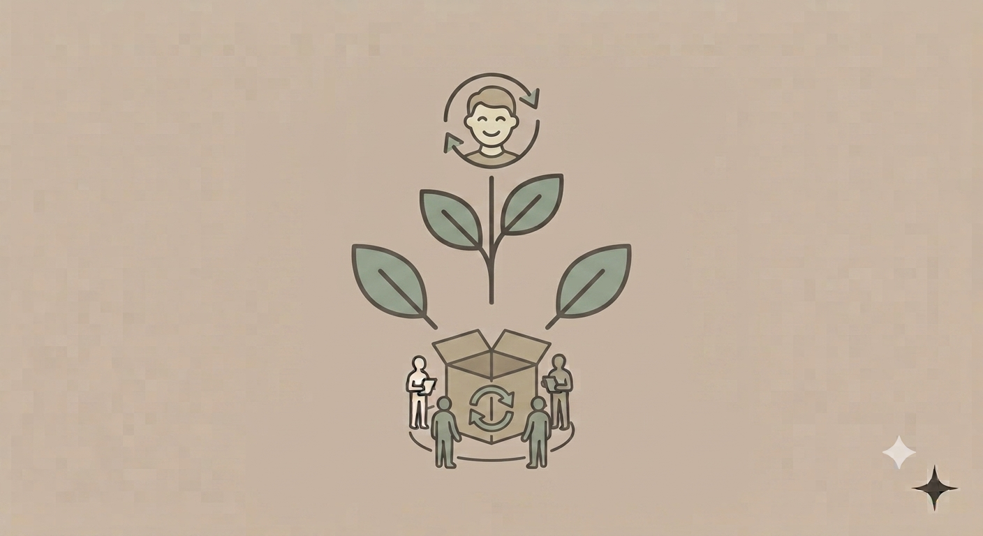 An illustration of a growing plant with leaves, human figures around an open box with a recycling symbol, and a smiling face at the top, representing sustainability or recycling.
