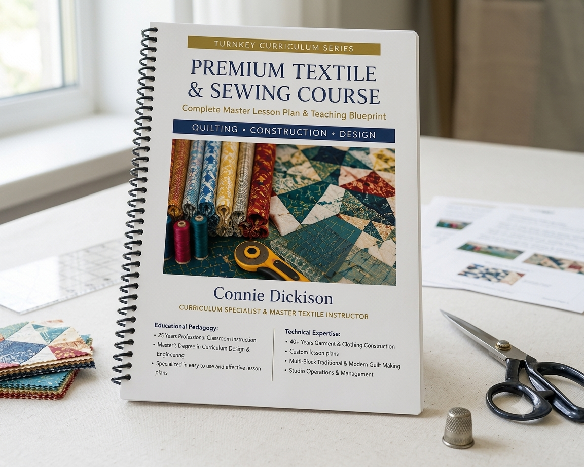Book titled 'Premium Textile & Sewing Course' by Connie Dickison, part of 'Turnkey Curriculum Series,' on a table with sewing materials and tools, near a window.