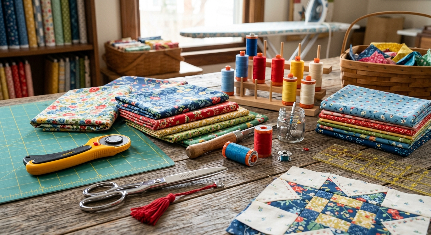 A quilting workspace with colorful fabrics, sewing tools, thread spools, scissors, a rotary cutter, quilting ruler, and a partially completed quilt block on a wooden table.