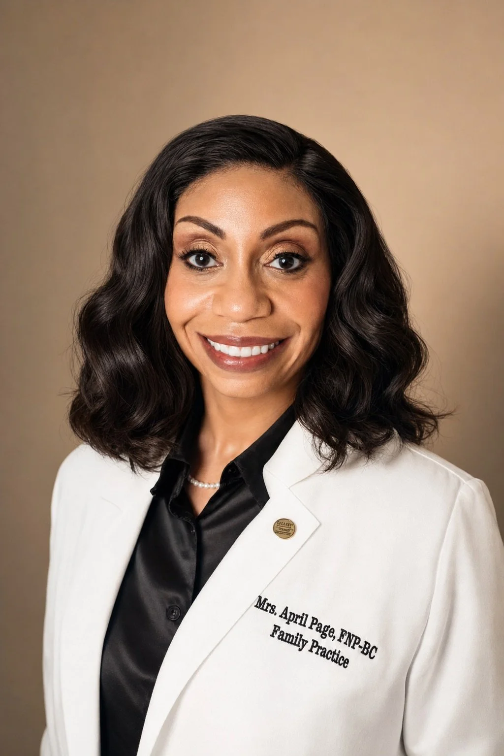 Professional portrait of Mrs. April Page, a family practice nurse practitioner, wearing a white coat with her name and credentials, smiling with dark wavy hair and a beige background.