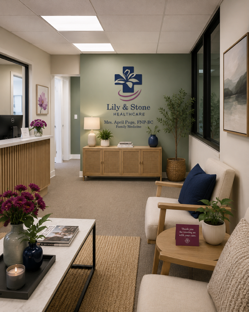 Lily & Stone Healthcare Office Panama City, Florida featuring seating and plants in the lobby.