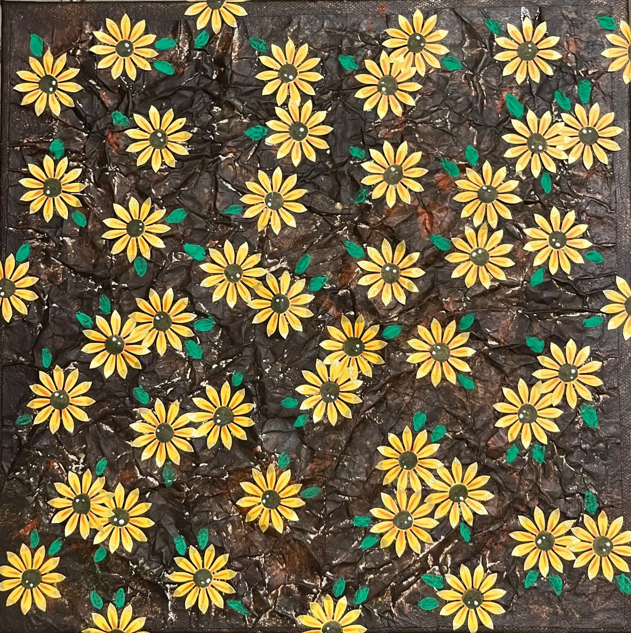 Sunflowers (2022): Acrylic paint, paper and alcohol markers on canvas