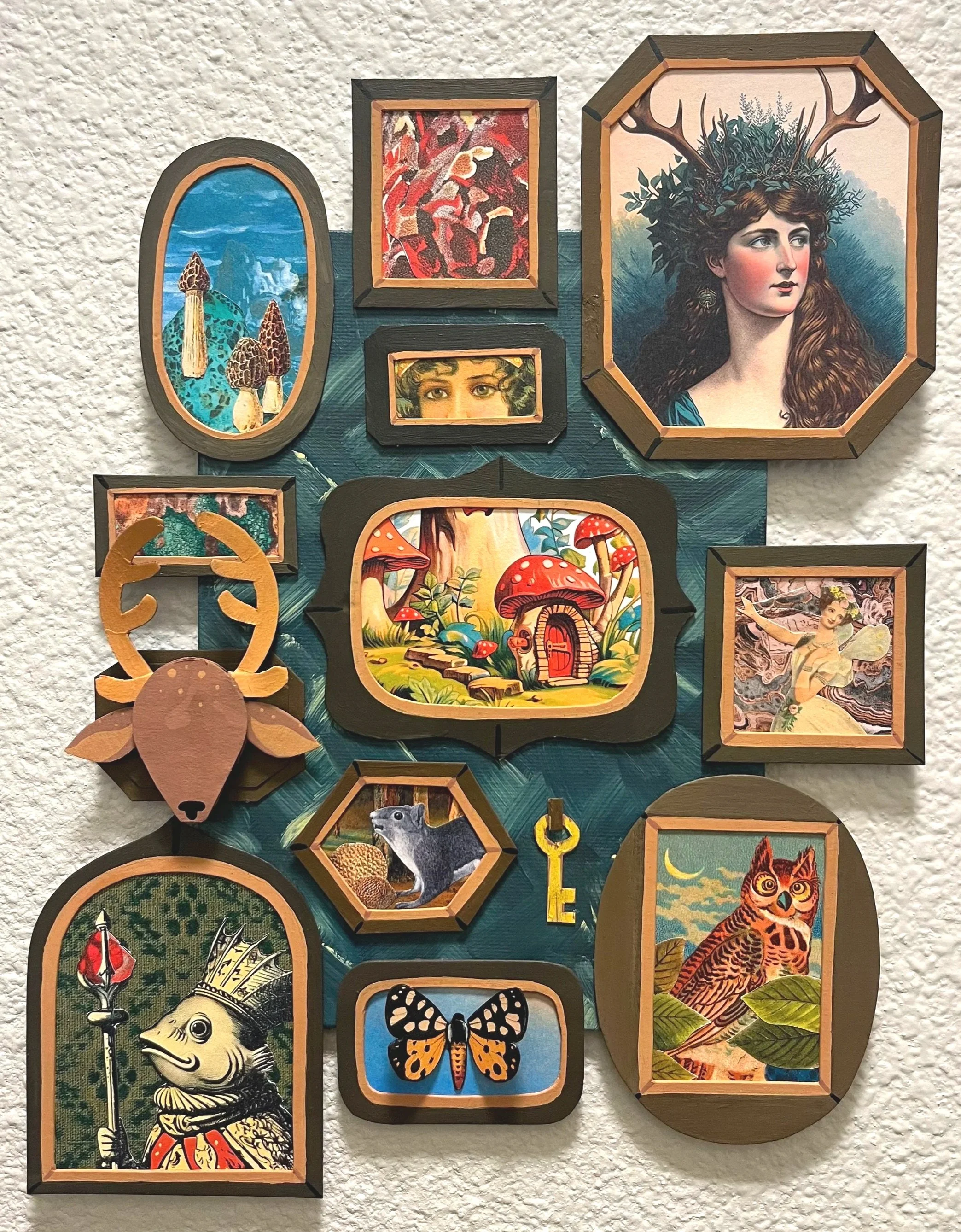 Above the Fireplace (2025): Acrylic paint, collage and cereal boxes on canvas