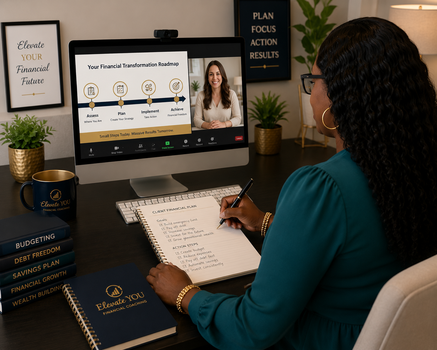 Woman participating in a virtual financial coaching session, taking notes on a client financial plan at her desk with books on budgeting, debt freedom, savings, and financial growth, and a computer screen displaying a financial transformation roadmap.