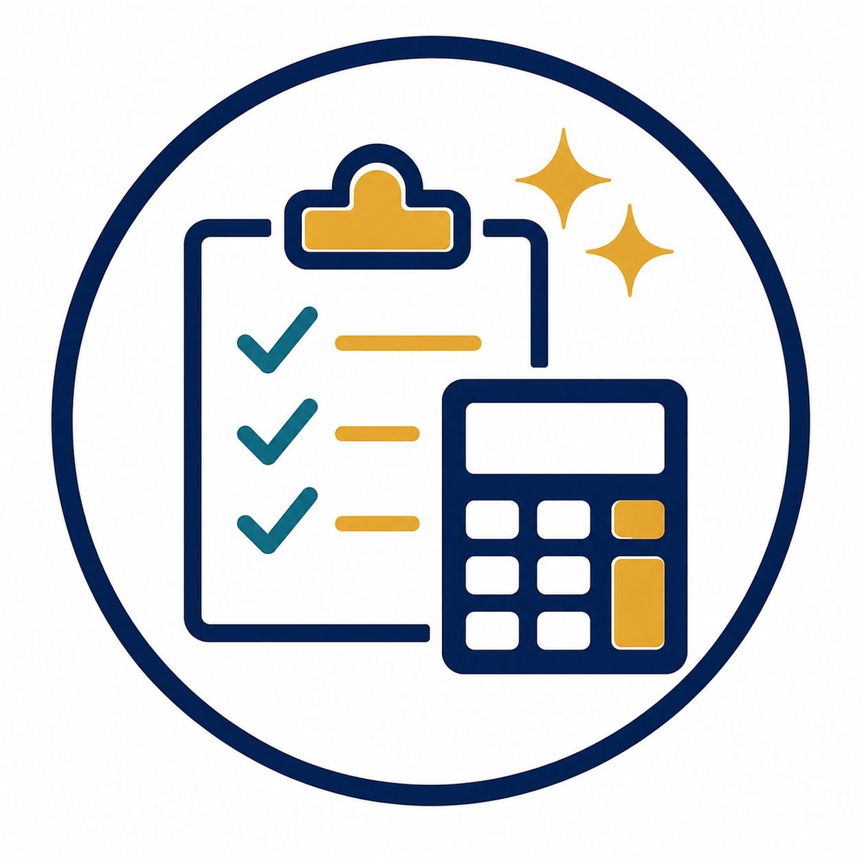 Illustration of a checklist on a clipboard with checkmarks, a calculator, and sparkles indicating organization or accounting.