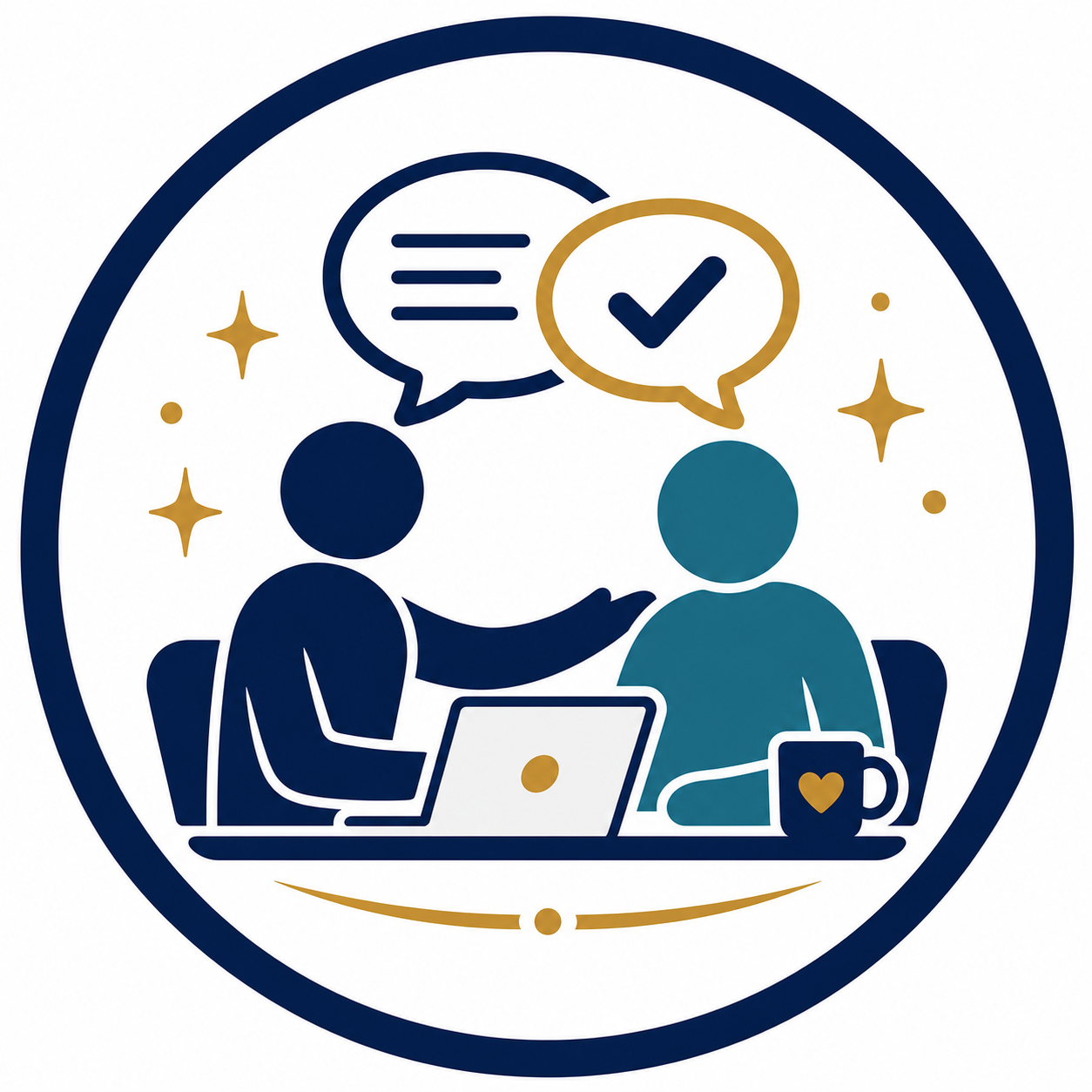 Digital illustration of two people having a conversation, with speech bubbles showing a conversation and a checkmark, sitting at a desk with laptops and a mug, surrounded by stars.