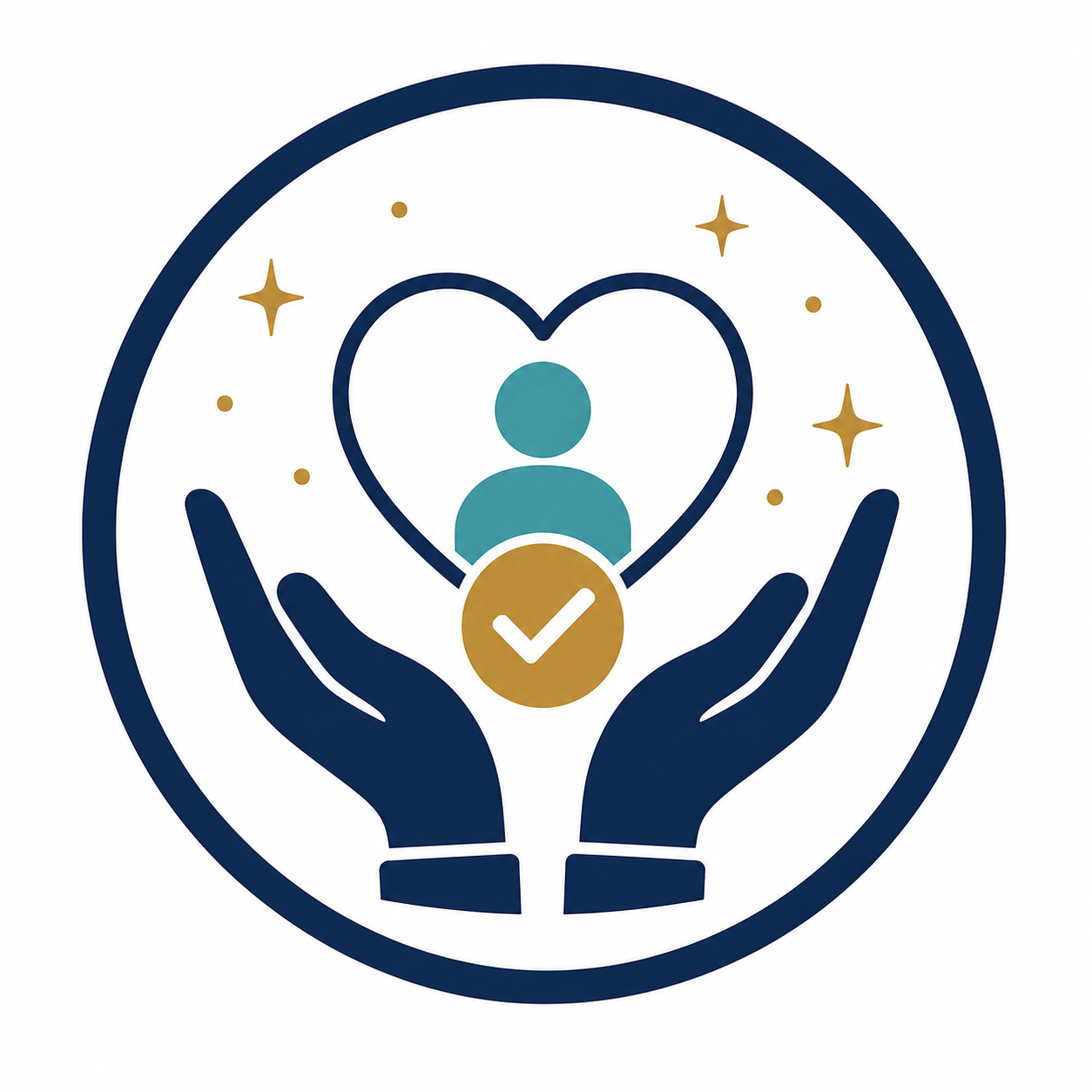 Icon of hands holding a person with a heart outline, stars, and a checkmark, symbolizing care or support.