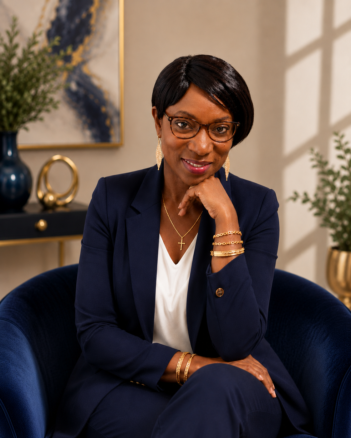 A woman with short black hair, glasses, and gold jewelry, posing confidently in a navy blazer and white blouse, sitting on a blue velvet chair in a well-decorated room.