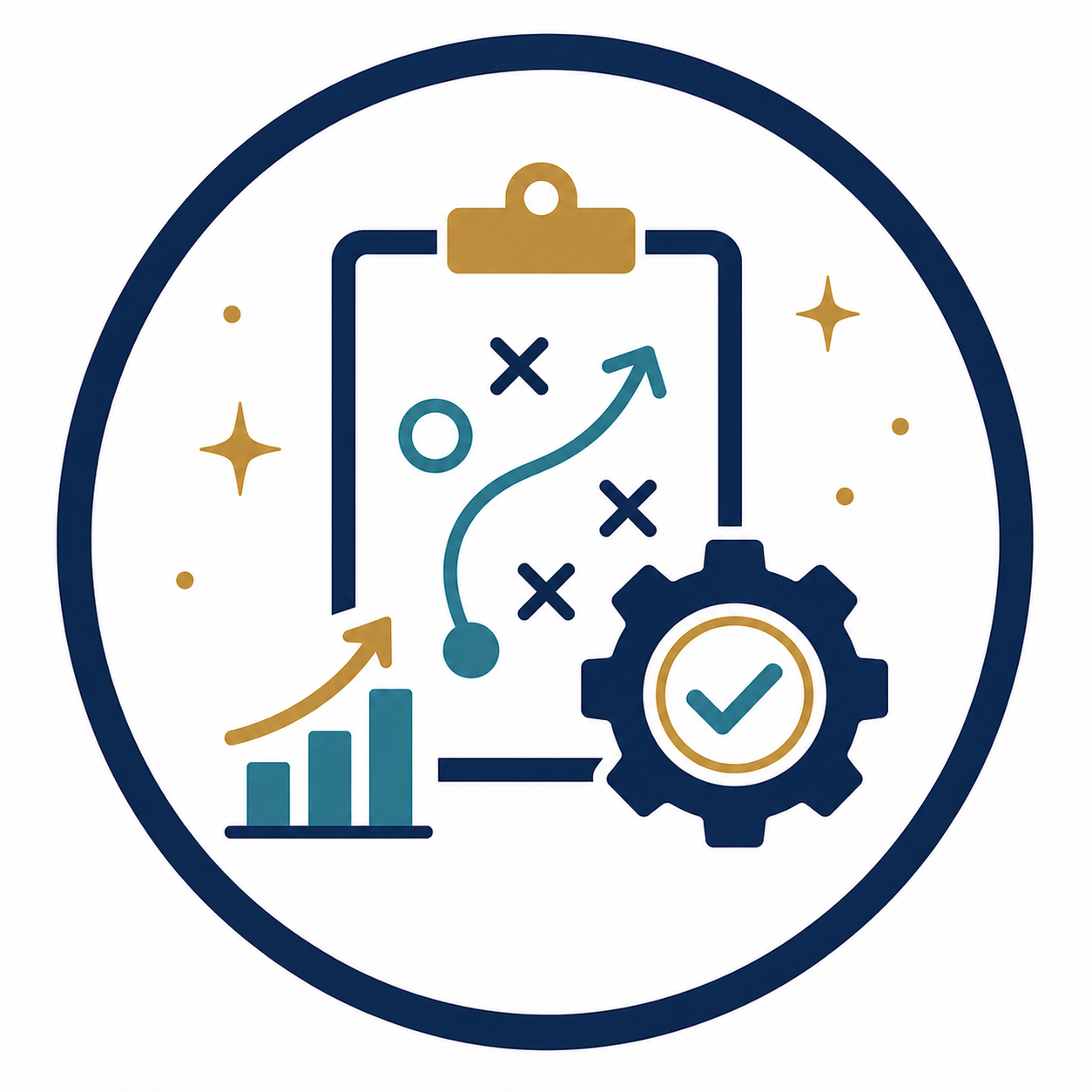 Graphic with a clipboard, a growth chart, a gear with a check mark, and strategic play icons, symbolizing planning, productivity, and success.