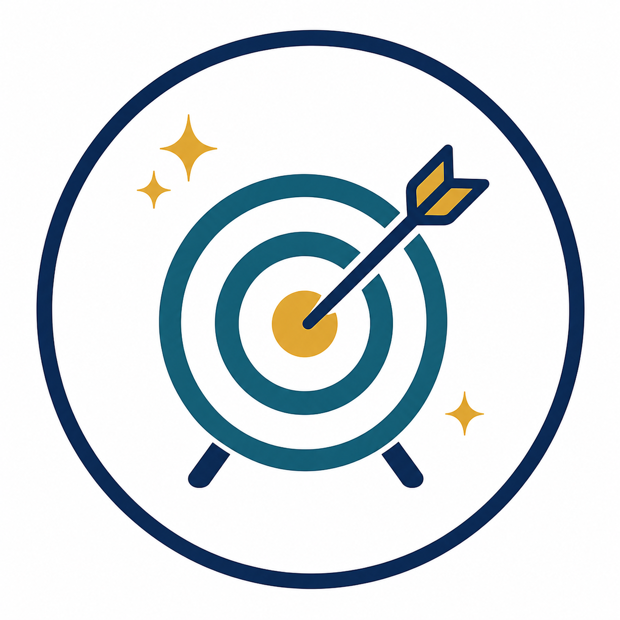 A target with concentric circles and an arrow hitting the bullseye, surrounded by sparkles.