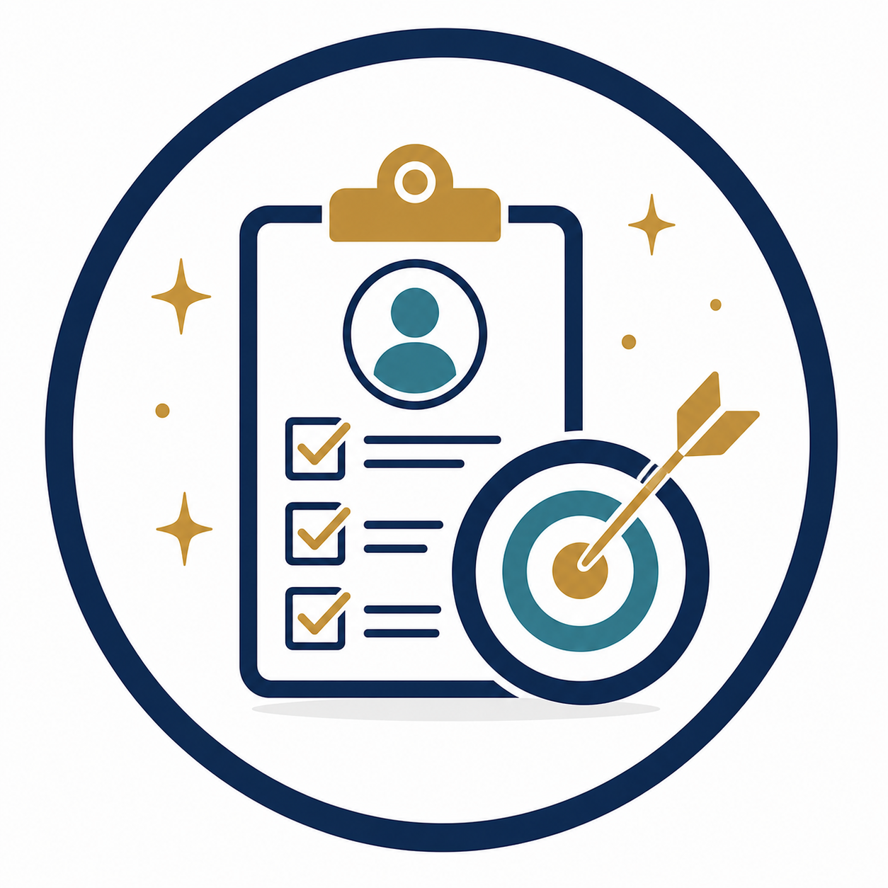 Illustration of a clipboard with a user profile and checklists next to a target with an arrow hitting the bullseye, surrounded by stars and sparkles.