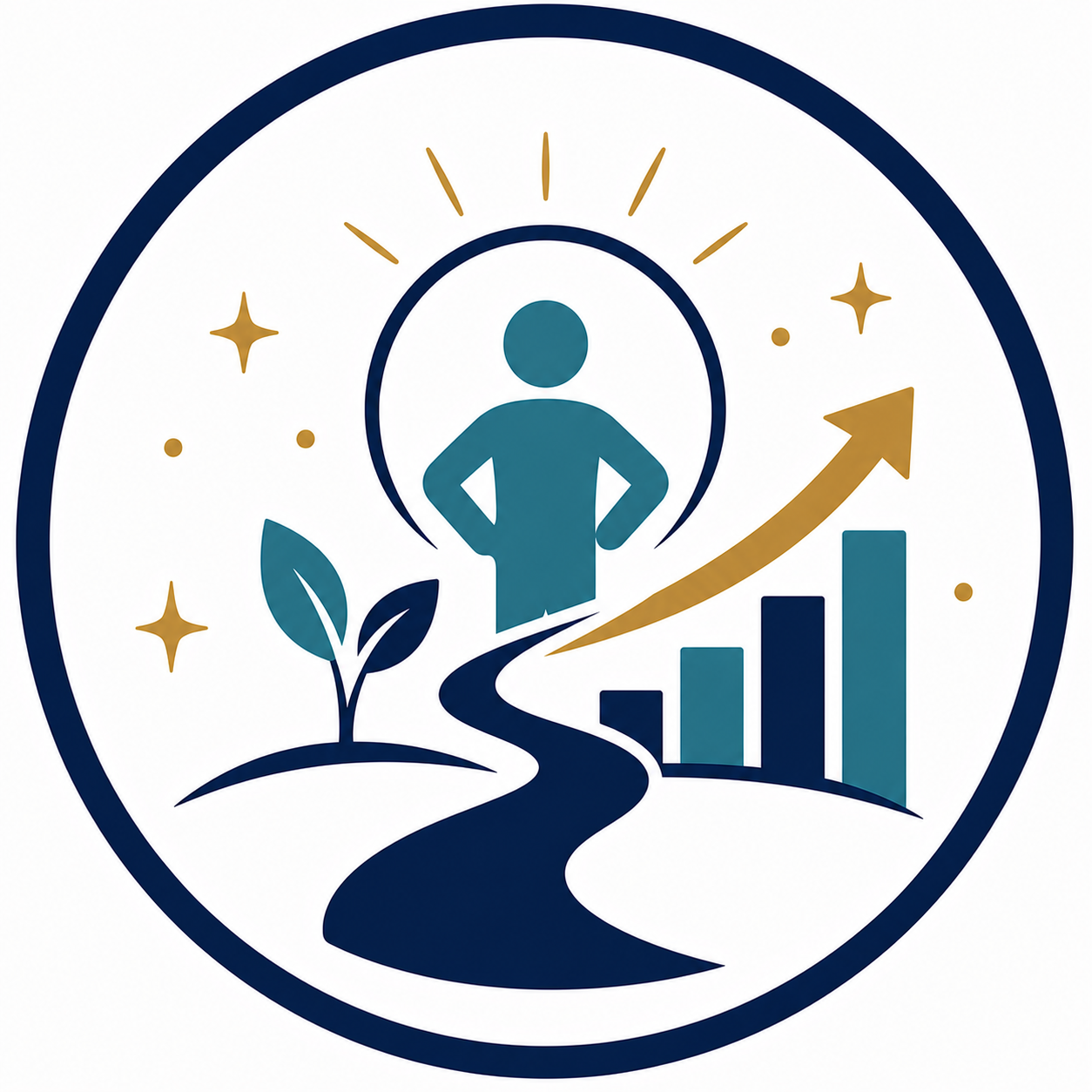 A circular logo featuring a person with hands on hips, a plant sprouting from the ground, a winding pathway, upward trending bar graph, stars, and sparkles, representing growth and success.