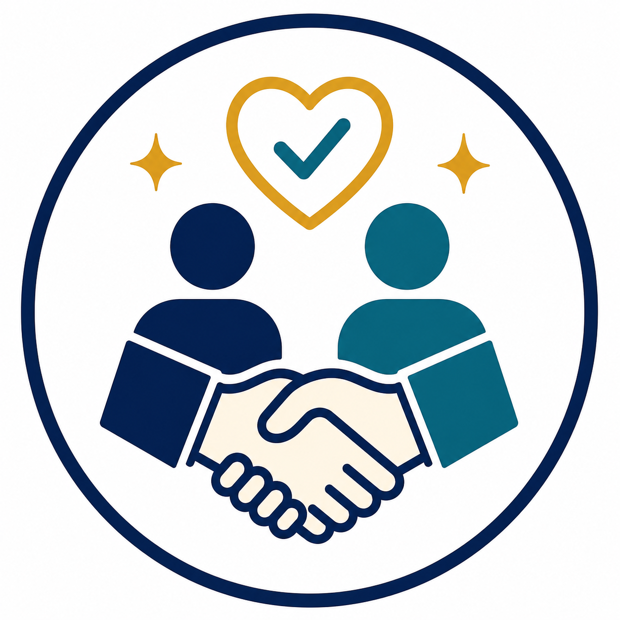 An icon of two people shaking hands inside a circle, with a heart containing a check mark and two stars above, symbolizing partnership and trust.