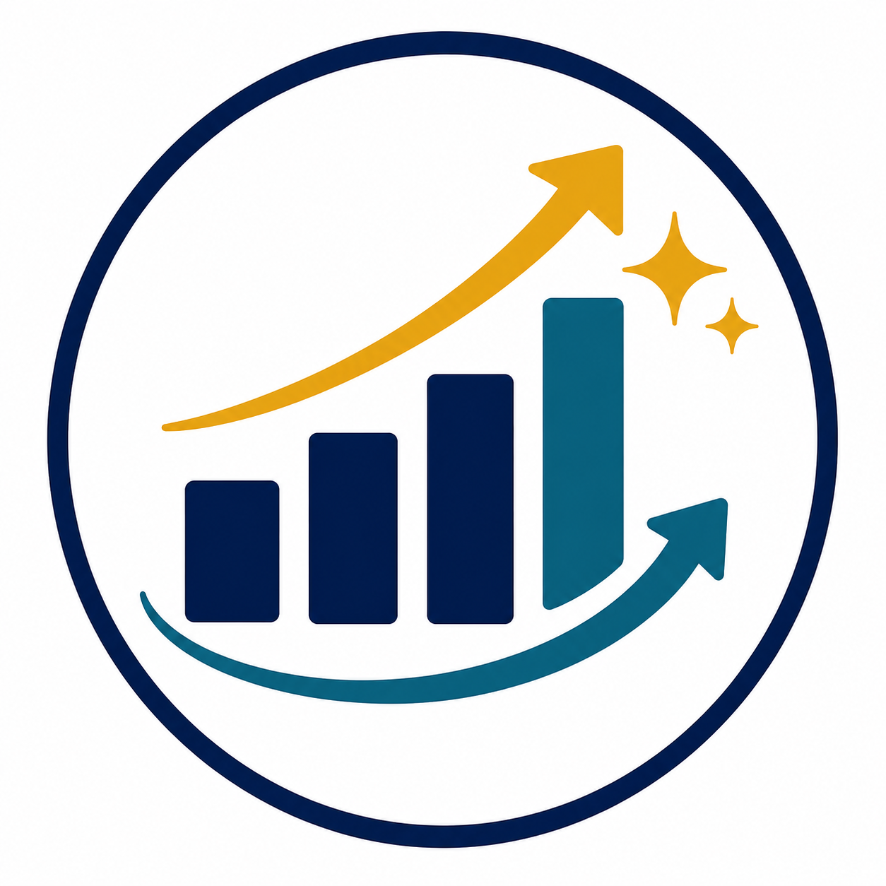 A circular icon with a bar graph showing increasing bars, two upward arrows, and sparkles indicating growth and success.