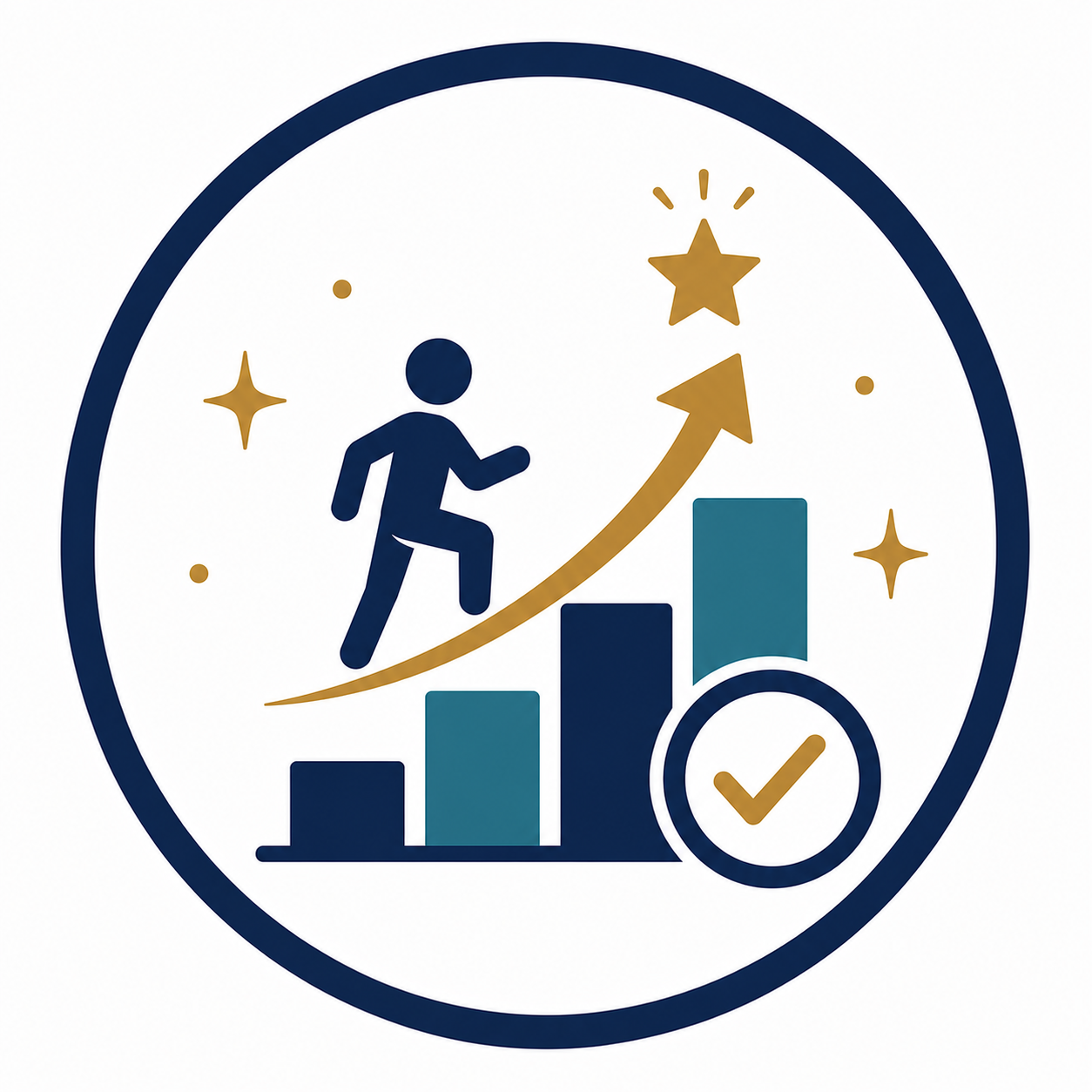 A chart with a person climbing its steps, upward arrow, and a star at the top, symbolizing progress and success, surrounded by stars and a checkmark.