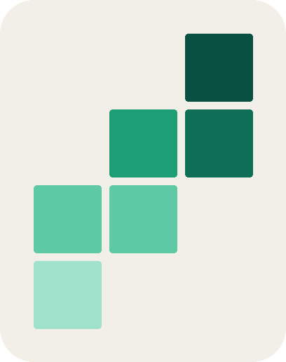 A series of seven rectangles arranged in a stepped pattern, transitioning from light teal to dark teal from bottom left to top right.