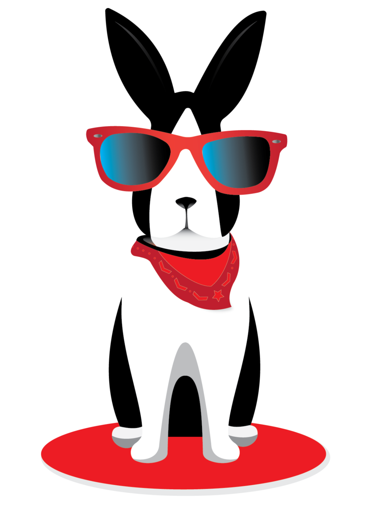 Illustration of a black and white Dutch Rabbit wearing red sunglasses, a red bandana, and standing on a red circle.