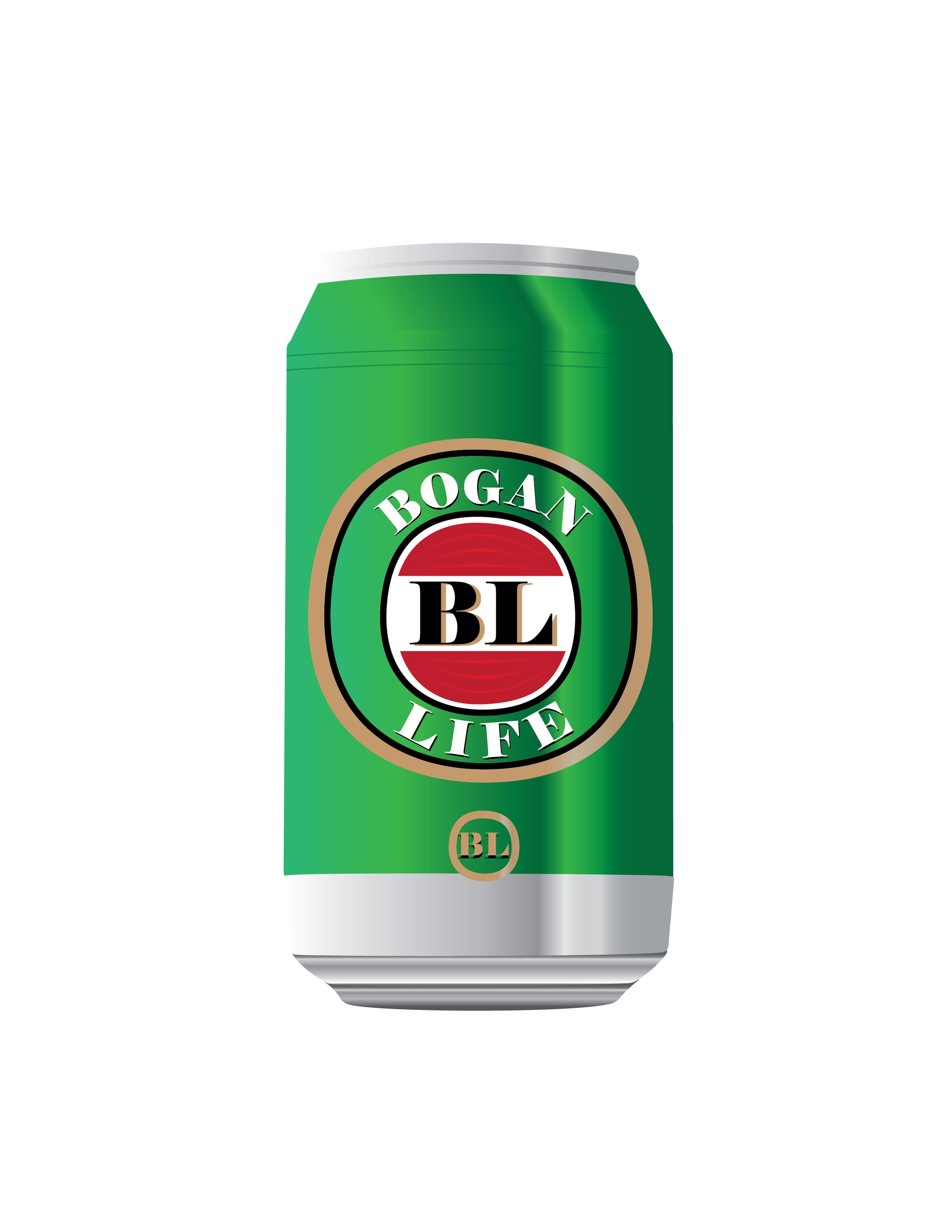 A green aluminum beverage can with a gold and white label reading 'BOGAN LIFE' and a logo with the initials 'BL' in black inside a red circle.