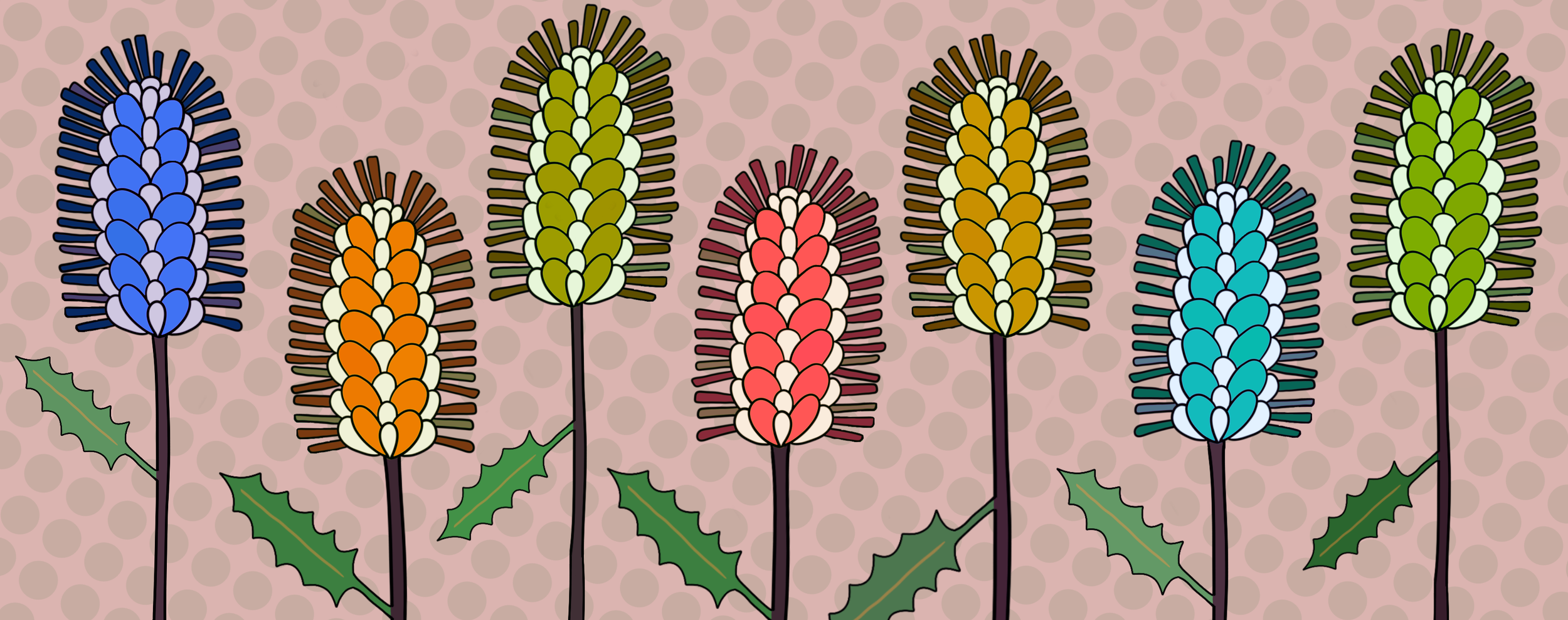 Illustration of colorful stylized Banksia cones on a pink polka dot background.