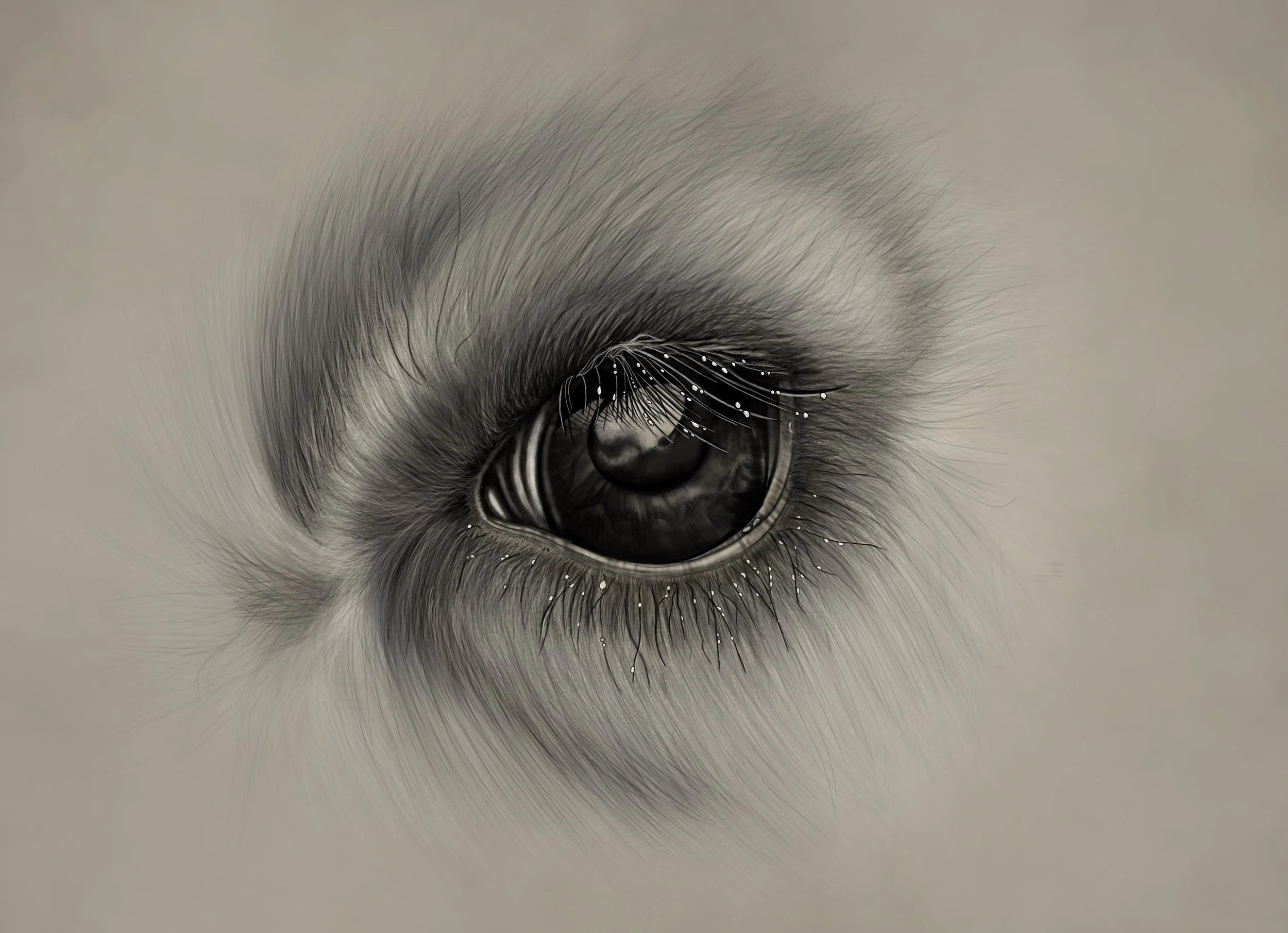 Close-up of a Kangaroo eye with dark rain droplets on the eyelashes.