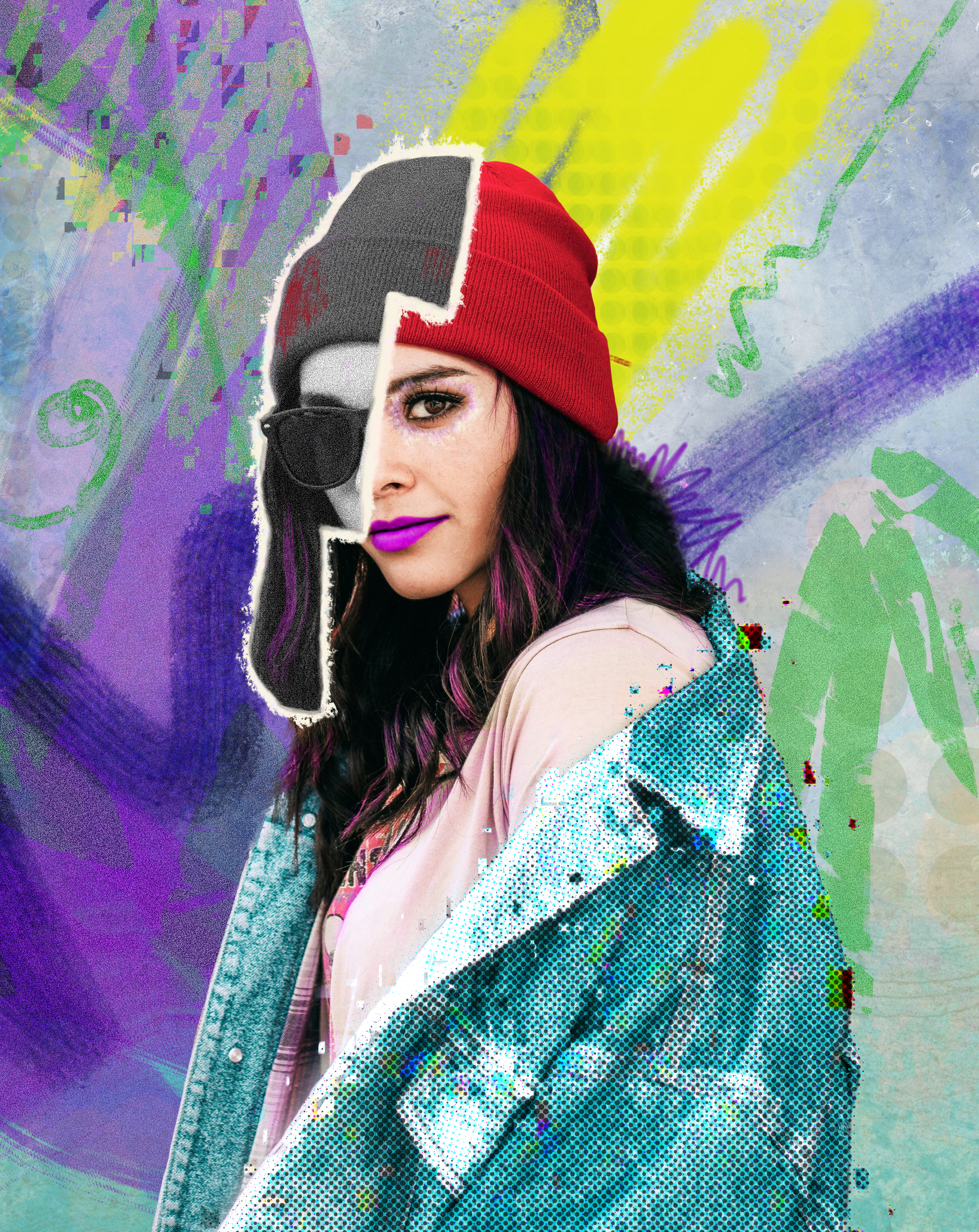 A woman with purple lipstick, black hair with purple streaks, wearing a red beanie, black sunglasses, a beige jacket, and a teal sweatshirt. The background is a colorful abstract digital artwork with splashes of yellow, purple, green, and blue.