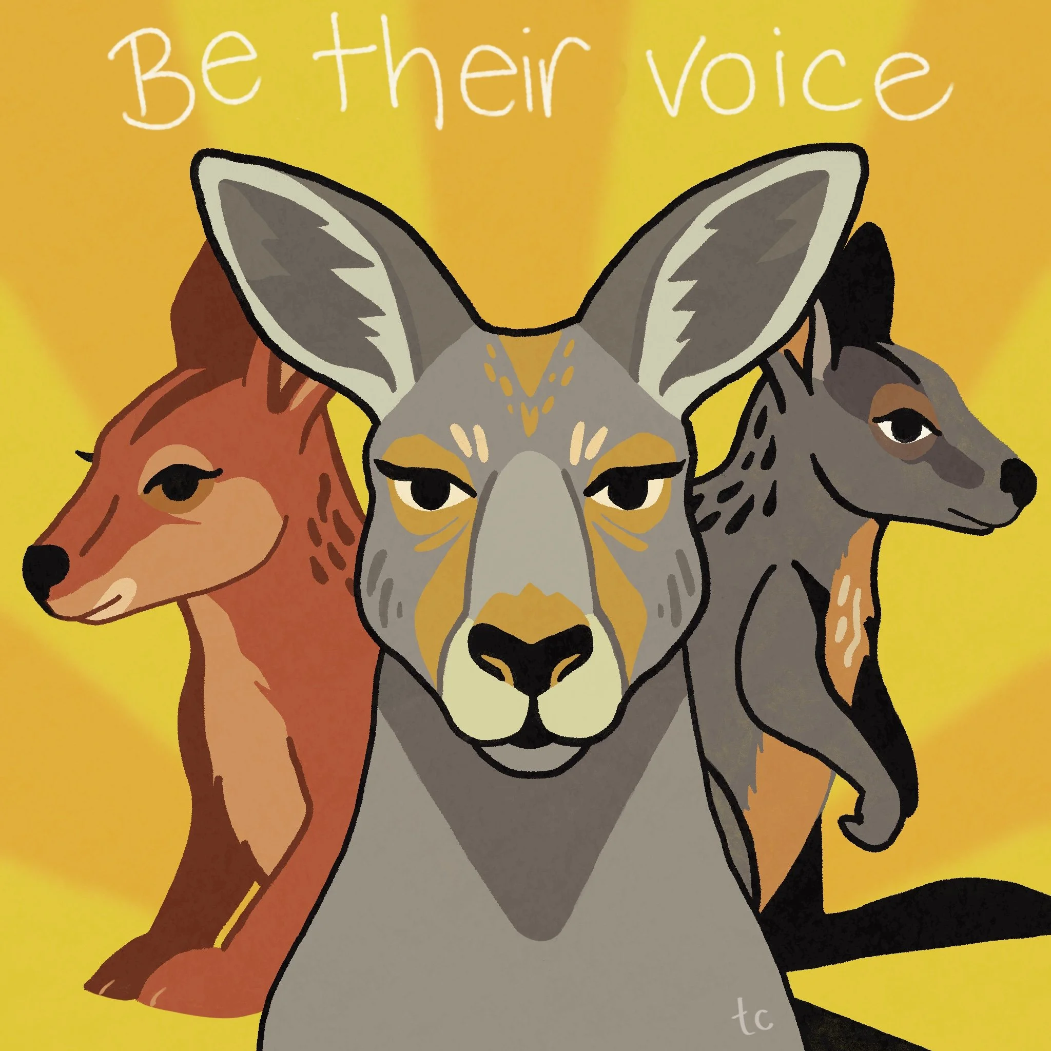 Illustration of three macropods: a Red-Necked Wallaby on the left, a Eastern Grey Kangaroo in the centre, and a Swamp Wallaby on the right, with the phrase "Be their voice" written at the top.