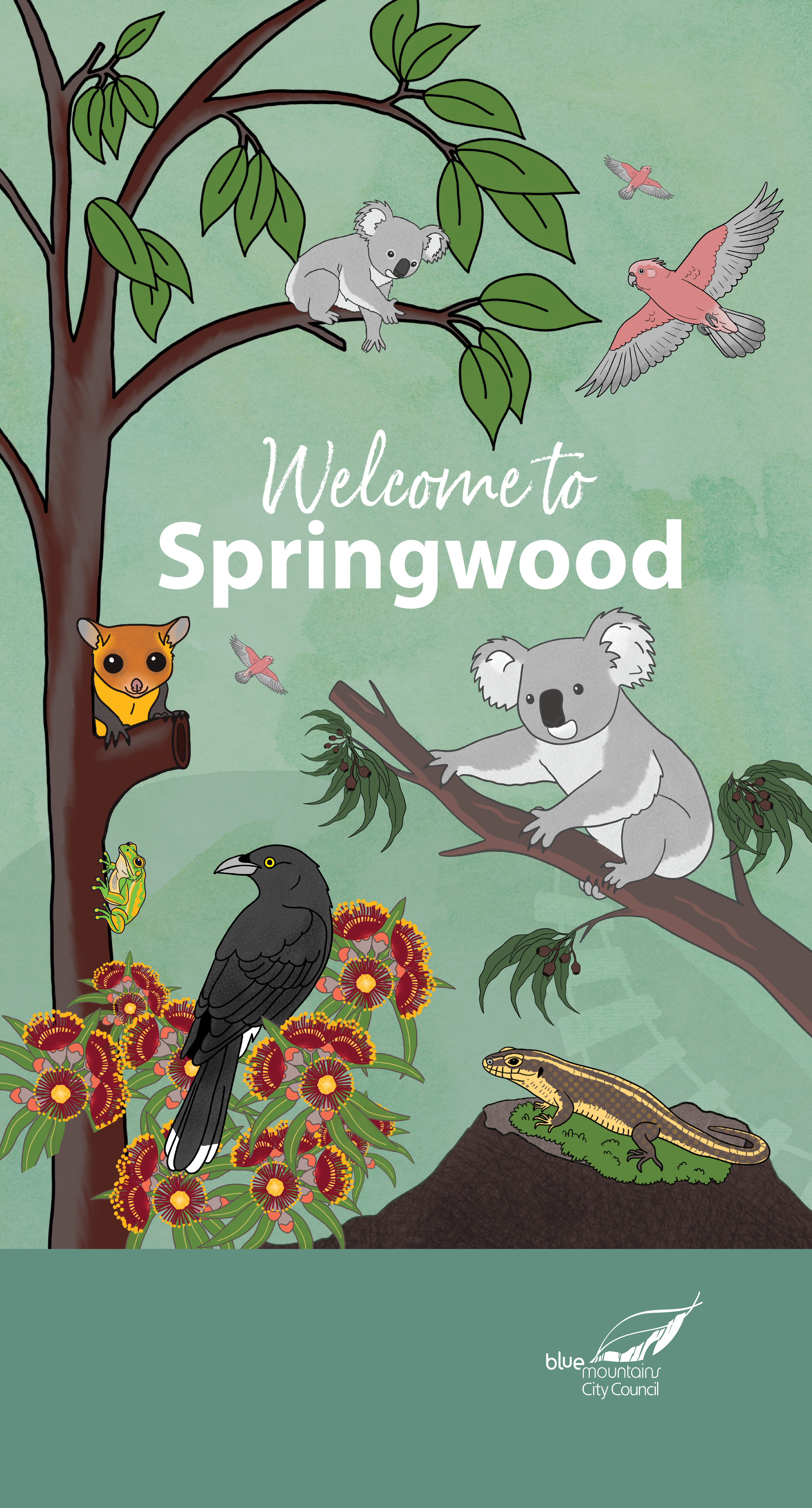 Winter Blue Mountains banner artwork featuring local wildlife and native flora displayed in Springwood