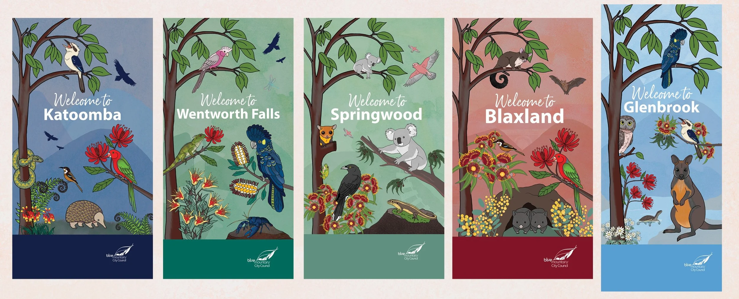 Series of five colorful illustrated banners each welcoming visitors to different towns in Australia, featuring various birds, animals, and plants associated with each location. The towns are Katoomba, Wentworth Falls, Springwood, Blaxland, and Glenbr