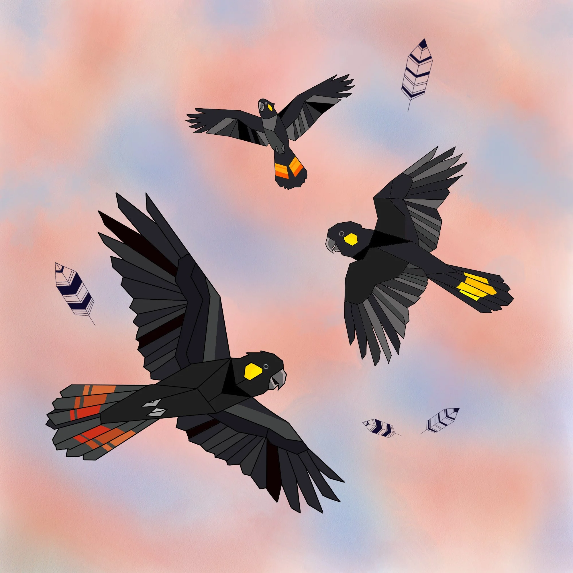 Digital illustration of Black Cockatoos flying in a pastel pink and blue sky, with geometric feather designs.
