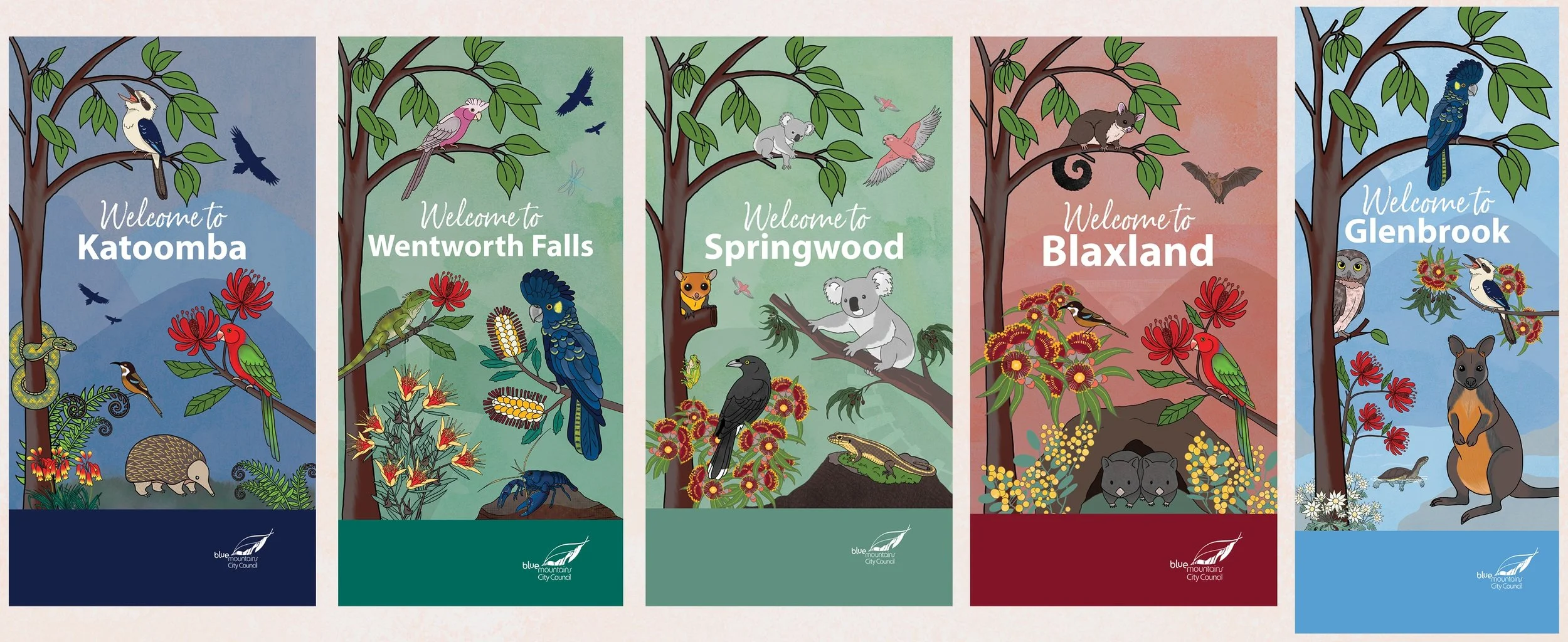 Five winter banner artworks from the Blue Mountains Banner Series celebrating local wildlife and native flora
