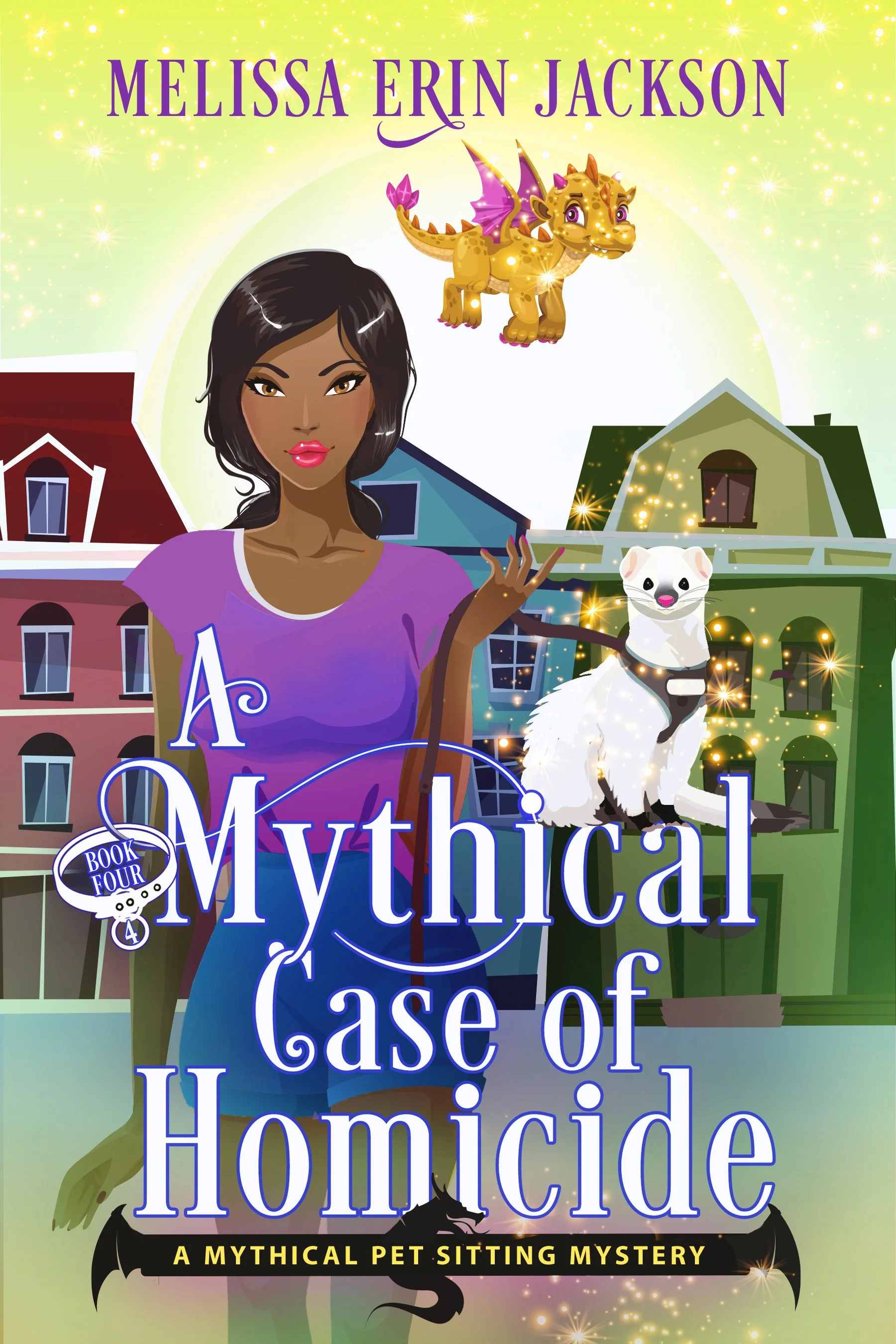 Book cover for "Mythical Case of Homicide," featuring a woman with dark hair, a dragon with purple wings flying above, a white dog with black markings, colorful houses, and sparkles in the background.