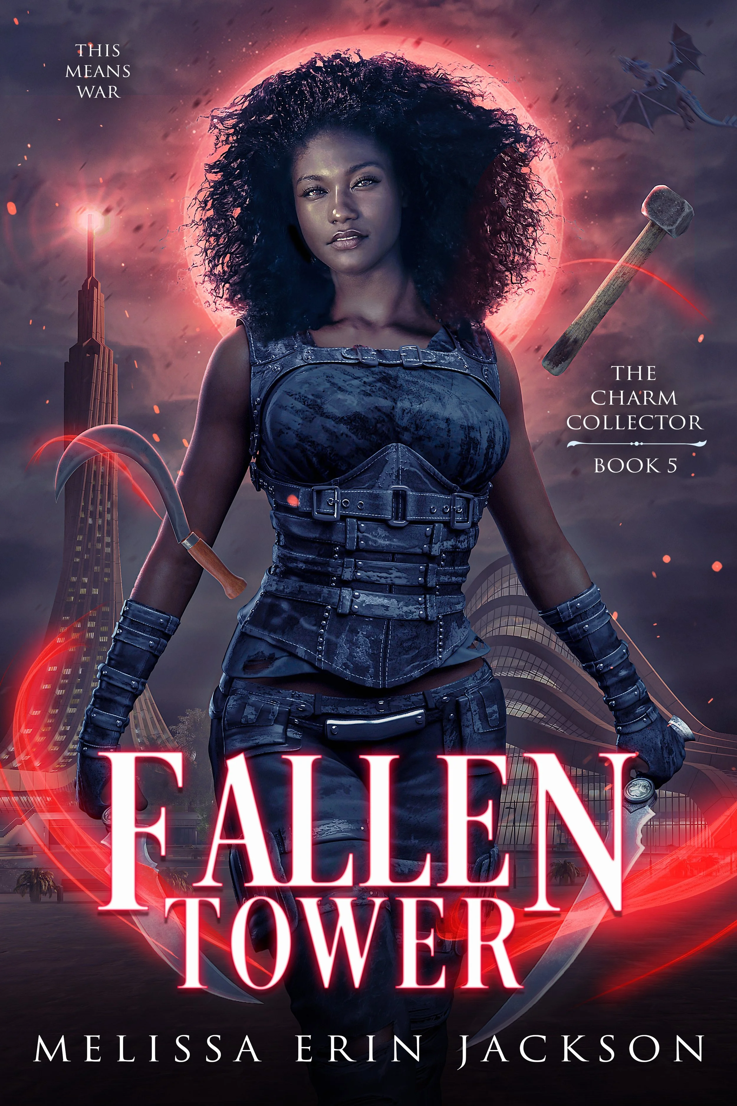 Book cover for 'Fallen Tower' by Melissa Erin Jackson, featuring a woman with curly hair in a futuristic city setting, with a neon glow and sci-fi elements like a flying dragon and a hammer.