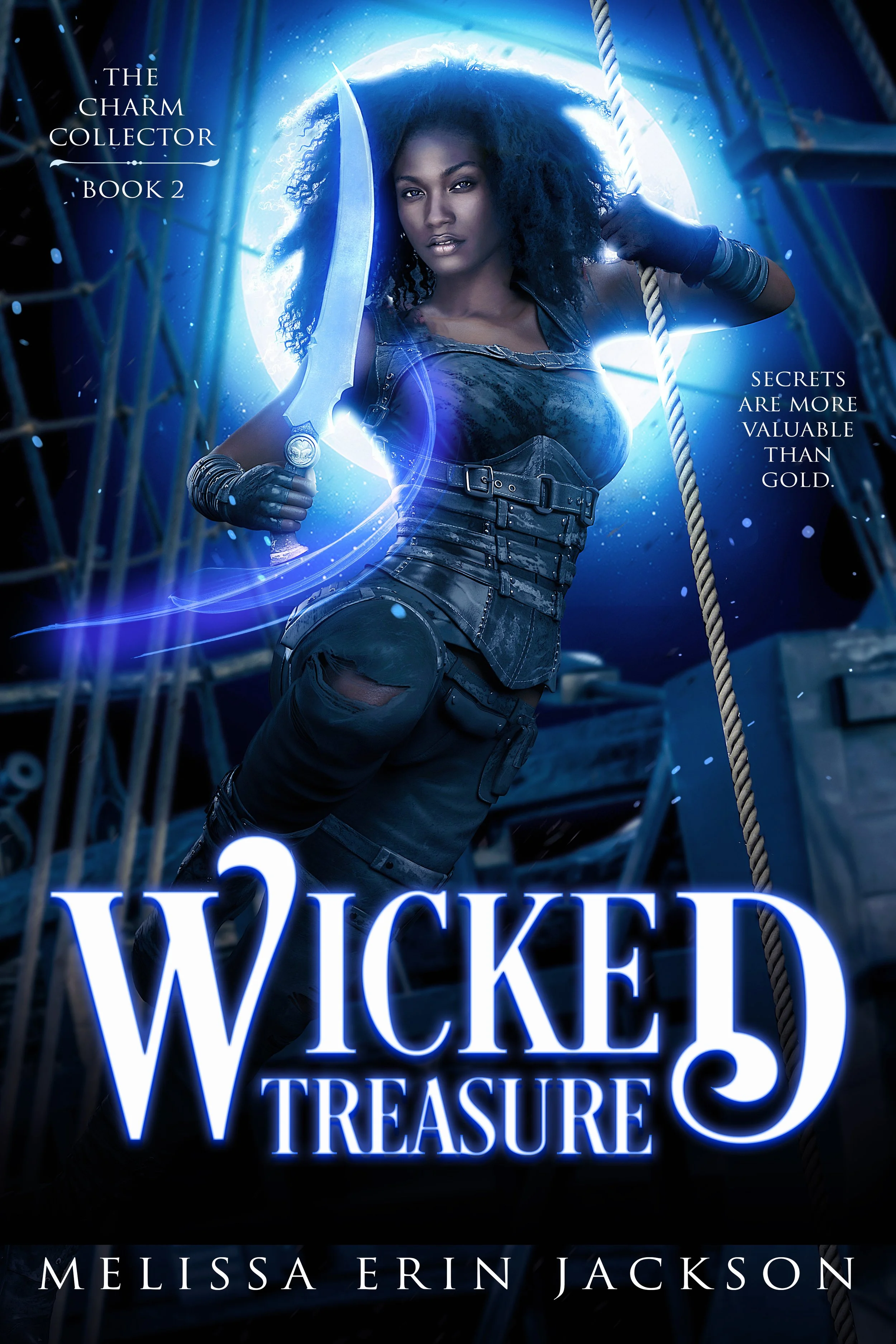Book cover for 'Wicked Witches Treasure' by Melissa Erin Jackson featuring a woman with curly hair, dressed in black tactical gear, holding a sword in front of a glowing full moon and a background of a metal and rope structure.