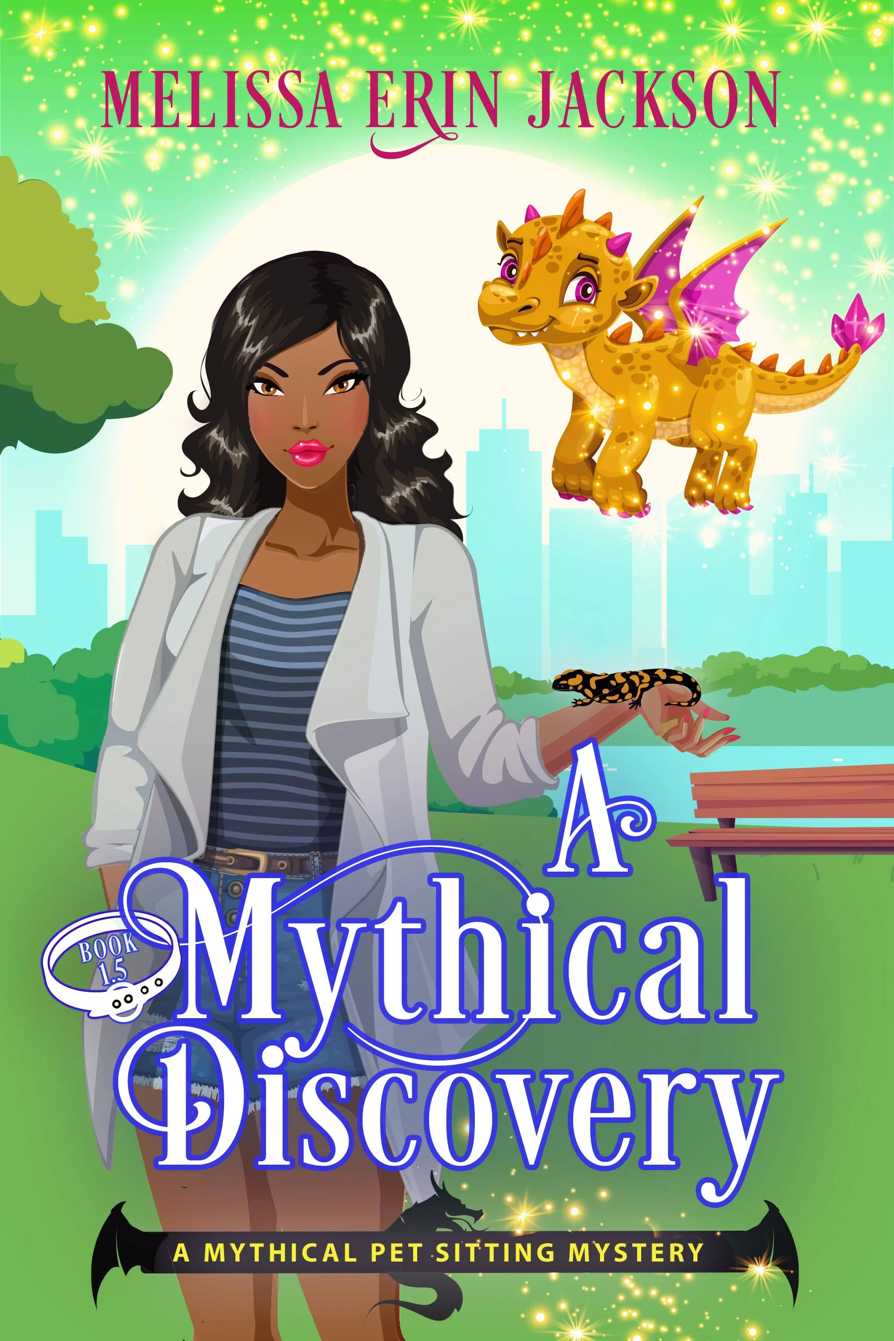 Book cover titled 'A Mythical Pet Discovery' featuring a cartoon woman with black hair, wearing a light gray jacket and striped top, holding a small black mythical creature with bat wings on her hand. A floating, cute, orange dragon with pink wings and purple eyes appears in the background. The cover has a green background, sparkles, and cityscape silhouettes, with additional text indicating it is a mysterious pet sitting story.