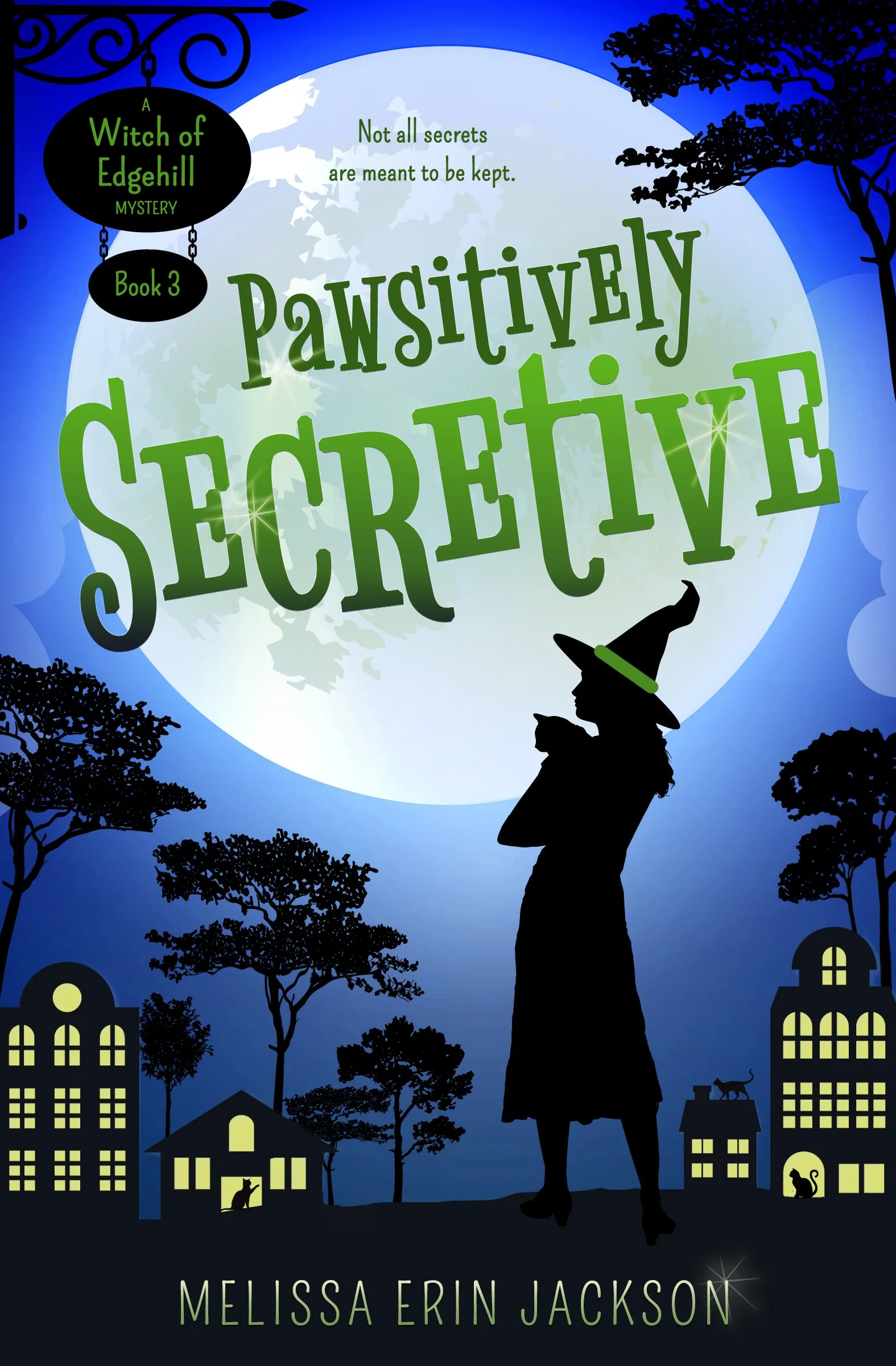 The cover of the book 'A Witch of Edgehill' by Melissa Erin Jackson features a silhouette of a woman in a witch's hat standing in a nighttime village scene with illuminated windows, trees, and a large full moon in the background. The title and author's name are prominently displayed in green text.