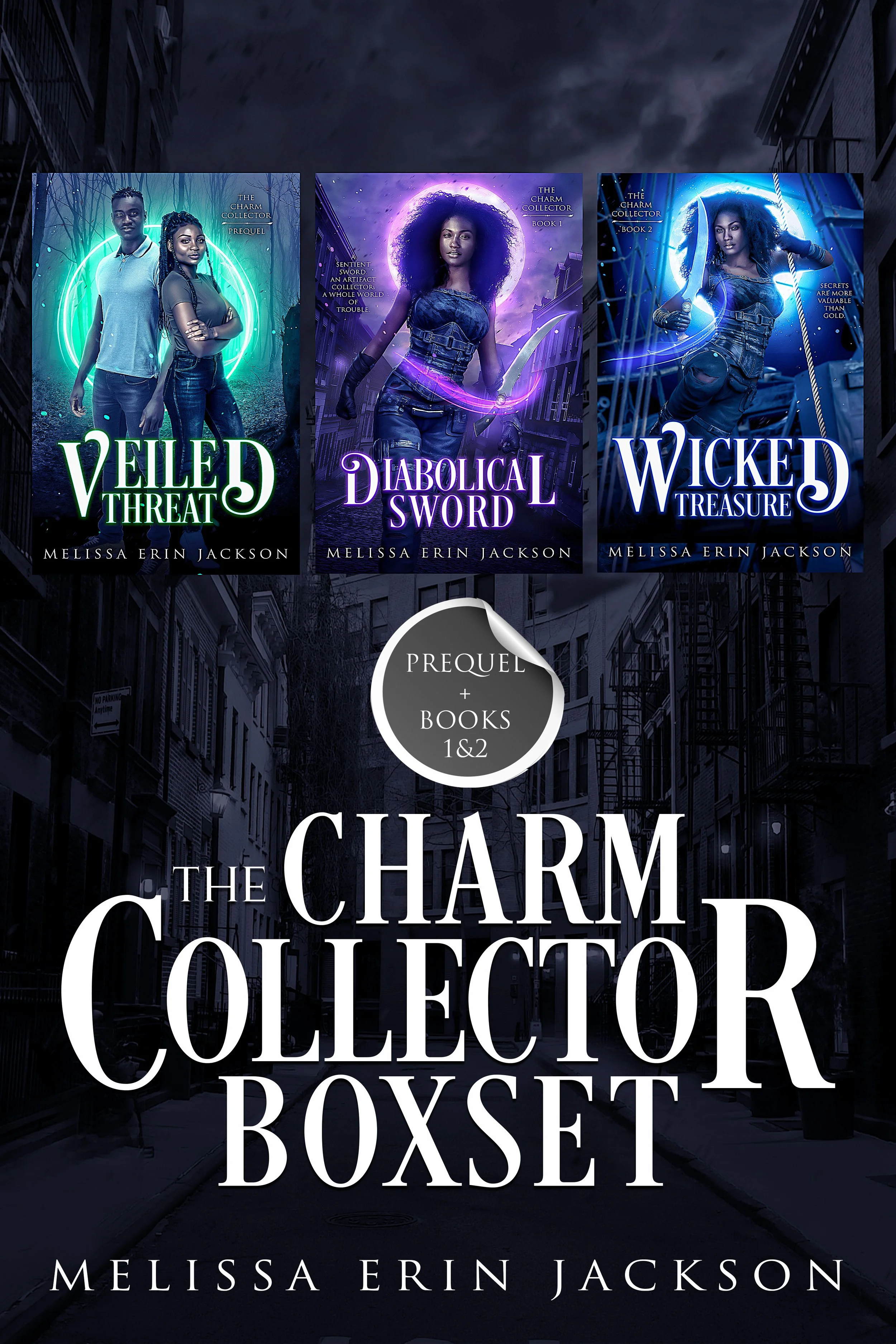 Three book covers from Melissa Erin Jackson's 'The Charm Collector' series, featuring dark, mysterious city streets with women holding glowing weapons, in a neon-lit fantasy style.