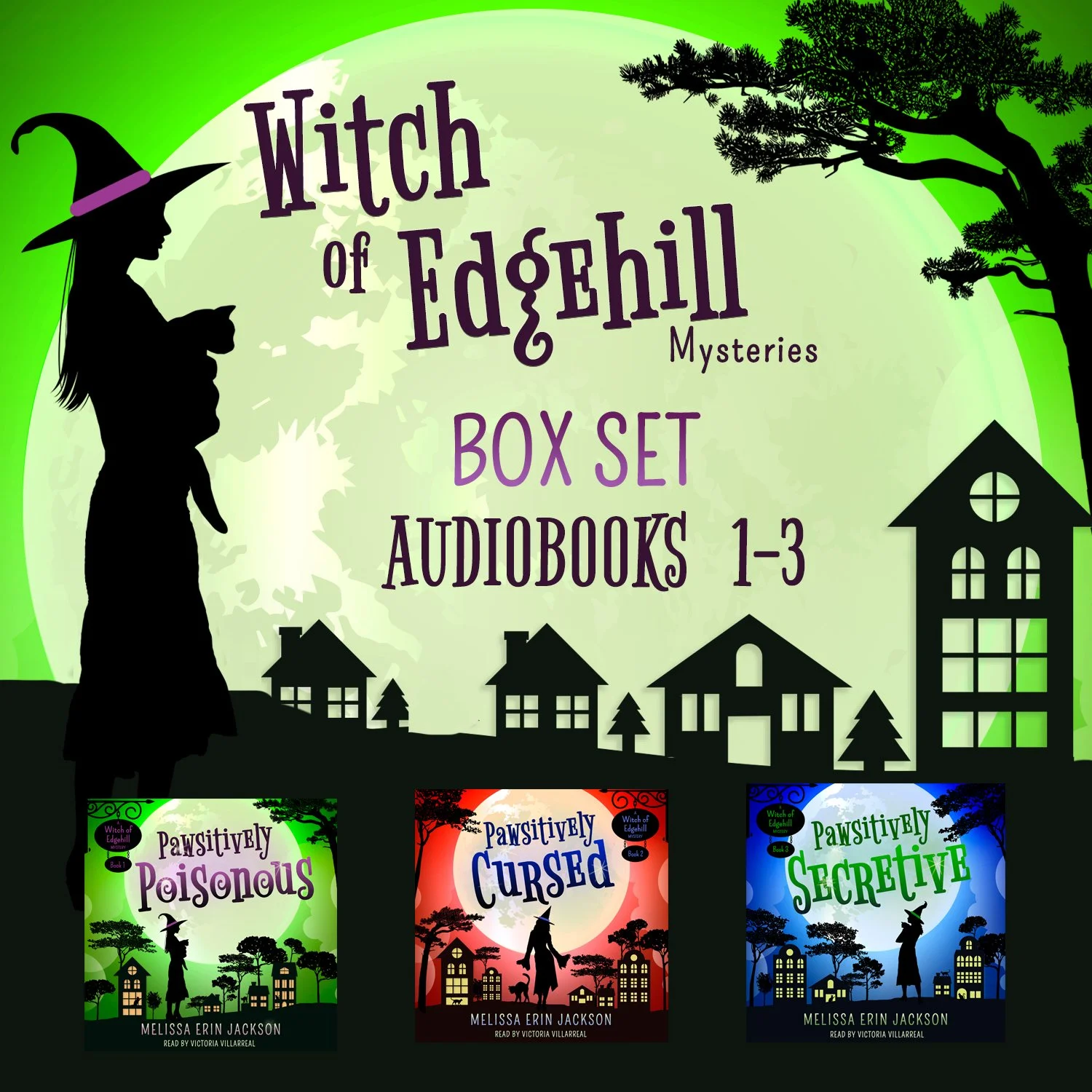 Book cover titled "Witch of Edgehill Mysteries Box Set Audiobooks 1-3" featuring a silhouette of a girl with a witch hat holding a cat, black silhouettes of houses and trees, and a green background with a moon.