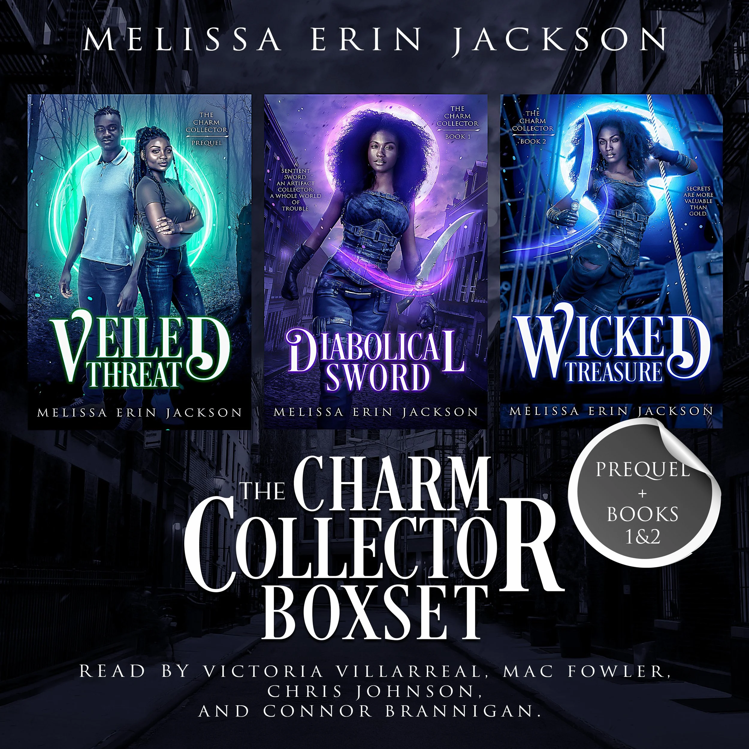 Book cover for 'Vellum Threats and Diabolical Swords', part of 'The Charm Collector' series, showing three women with mystical glowing effects, urban background, dark sky, and city buildings.