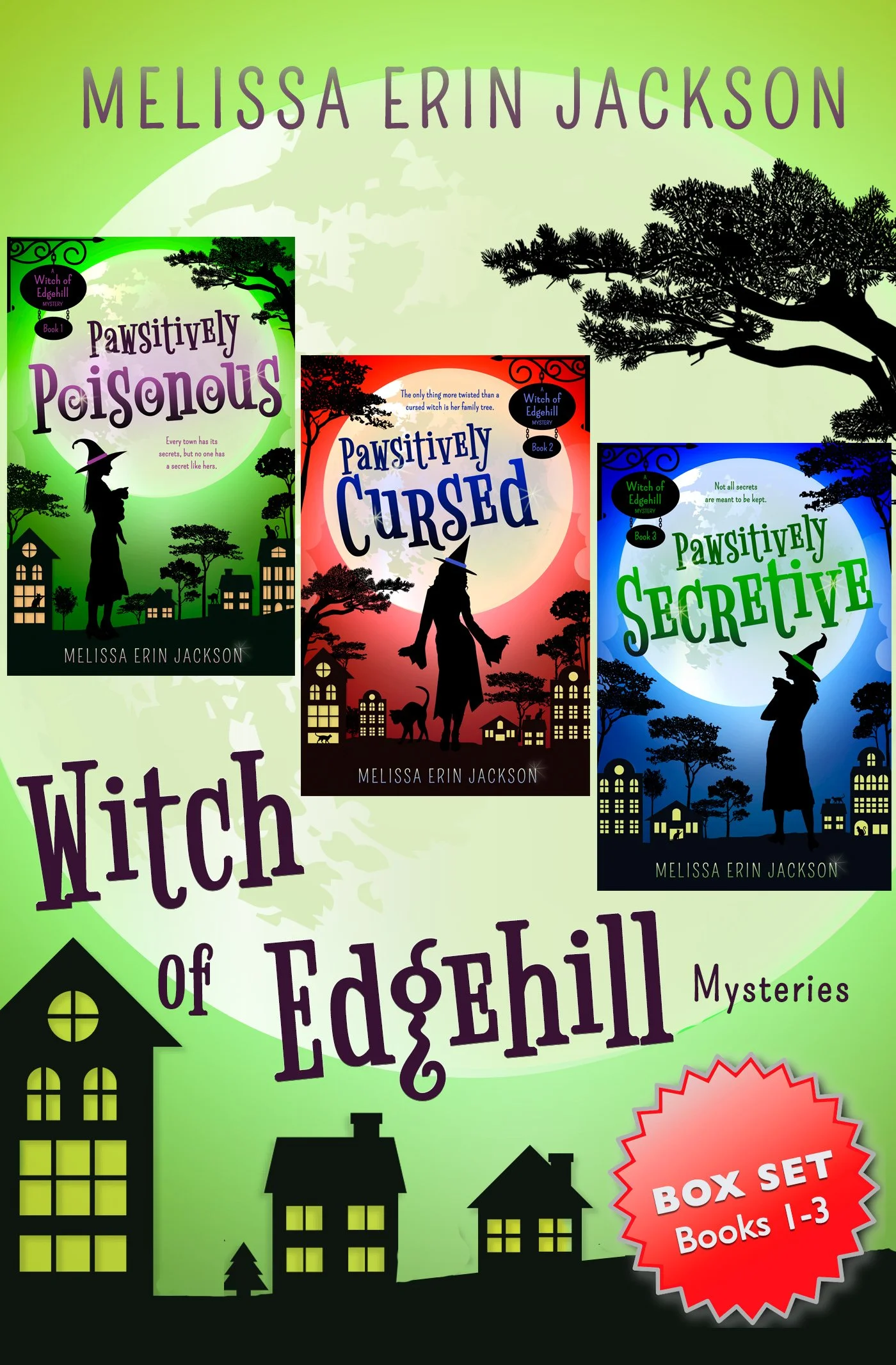 Cover image featuring three book covers from Melissa Erin Jackson's 'Pawsitively' series, with titles 'Poisonous,' 'Cursed,' and 'Secretive,' set against a background of a stylized townscape silhouette and large black trees. The cover colors are green, red, and blue, respectively.