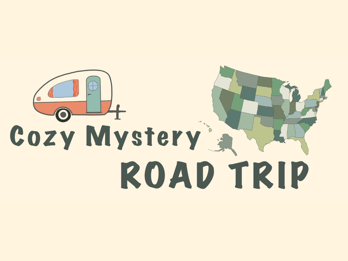Cozy mystery road trip banner featuring a map of the US and an RV trailer