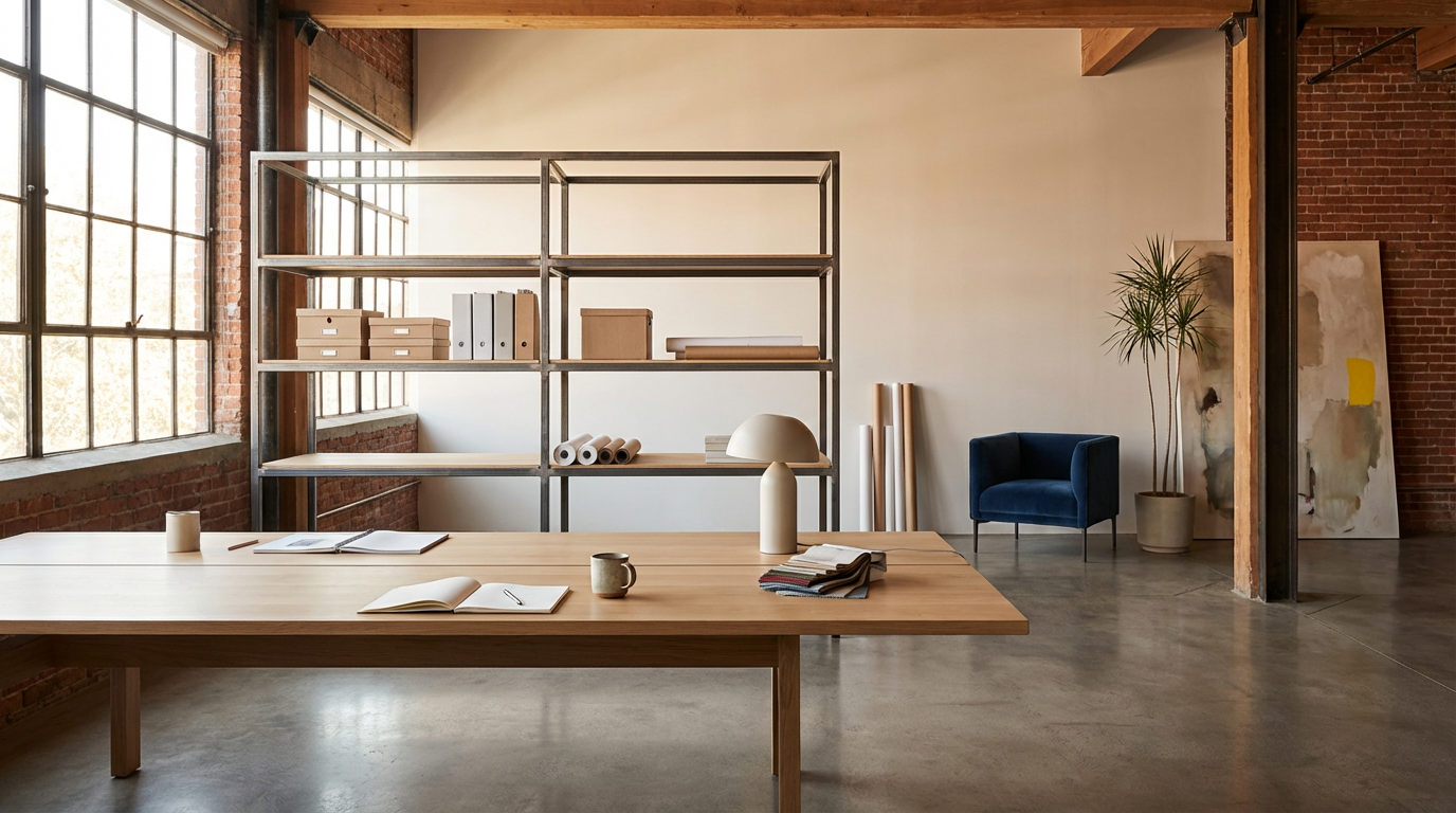 Modern office with large windows, a wooden table with open books, a lamp, a mug, and a small vase, a bookshelf with boxes and files, a blue armchair, a potted plant, and artworks leaning against the wall in an industrial-style space.