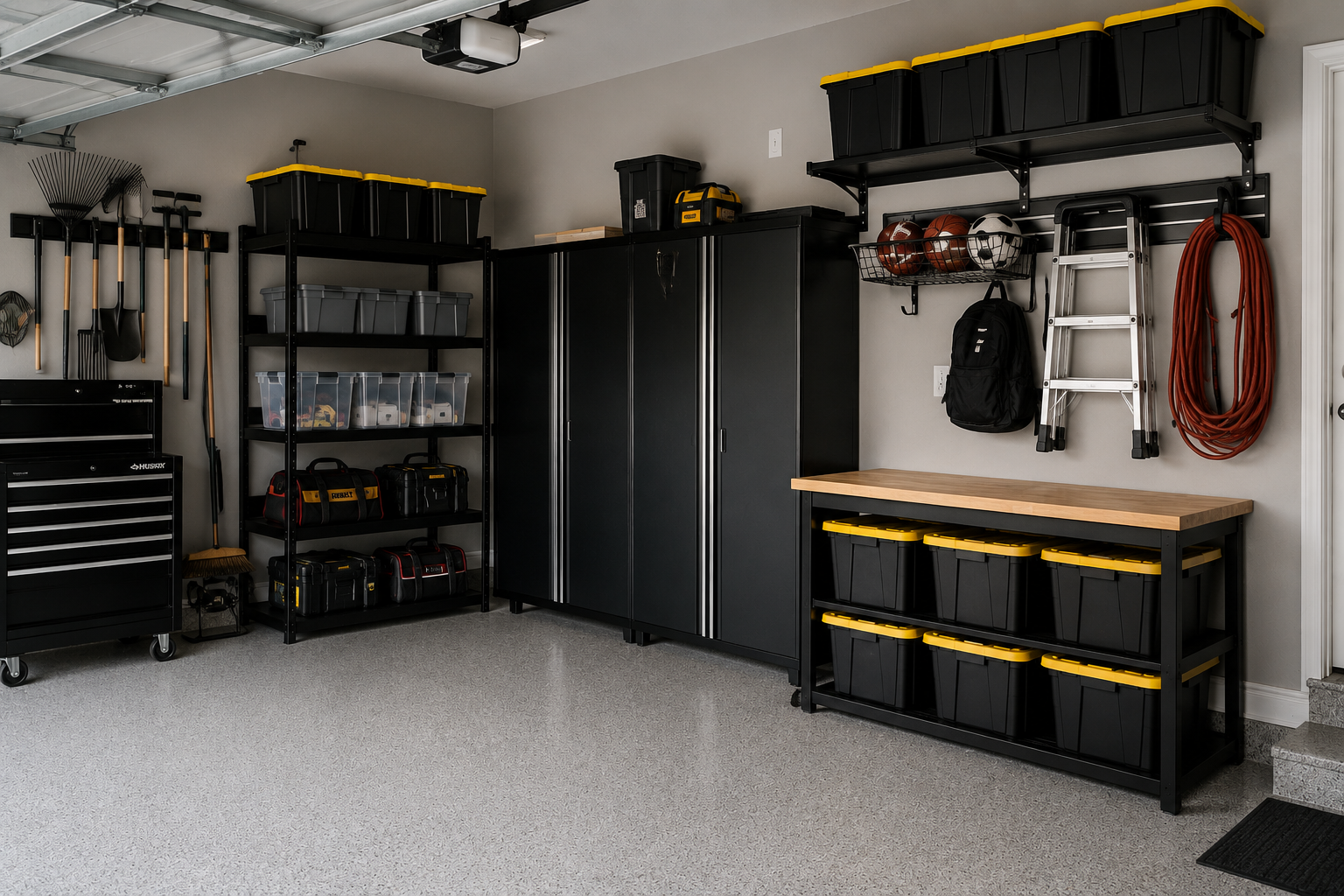 Clean garage with organized black and gray storage cabinets, shelves filled with tools and storage bins, and wall-mounted equipment such as a ladder, soccer balls, extension cord, and backpack.