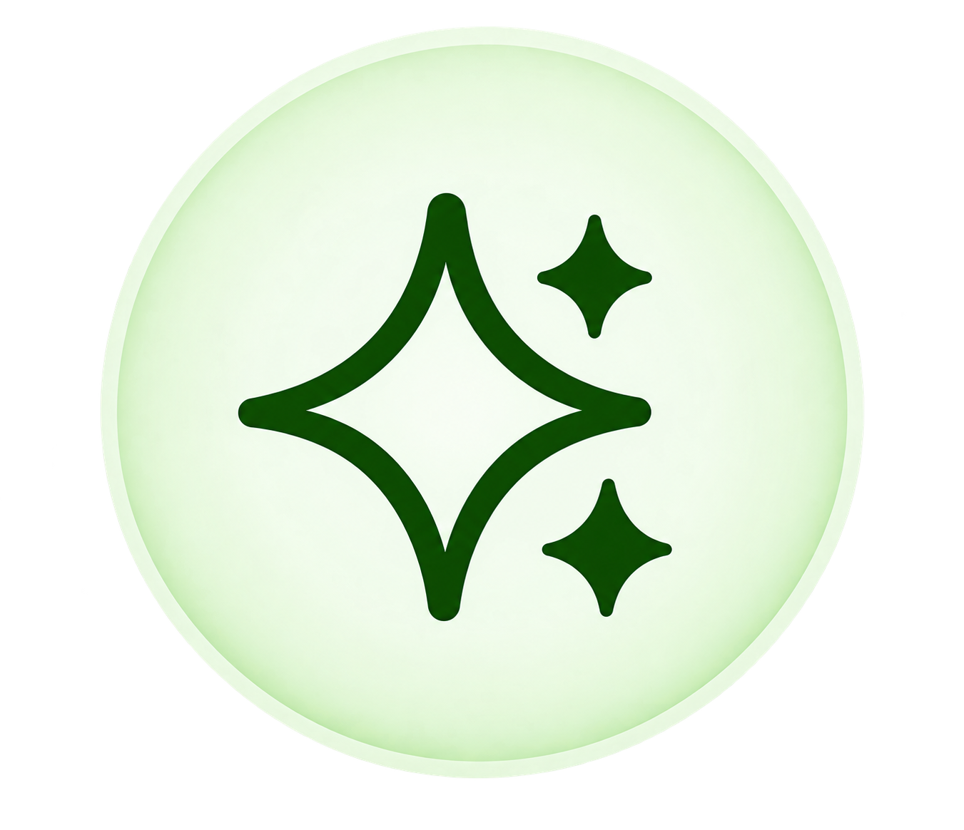 A circle with a light green background featuring a dark green diamond-shaped sparkles icon with four smaller sparkles surrounding it.