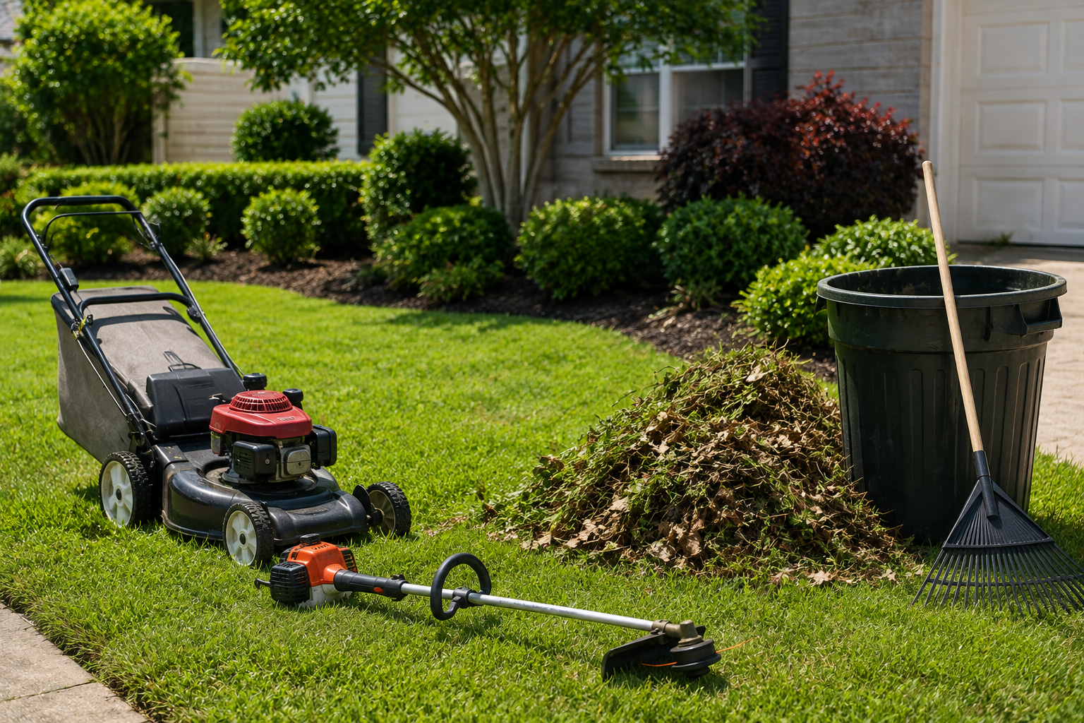 Lawn mower, leaf blower, rake, and a large trash bin on a well-maintained lawn in front of a house with green bushes, trees, and a white garage door.