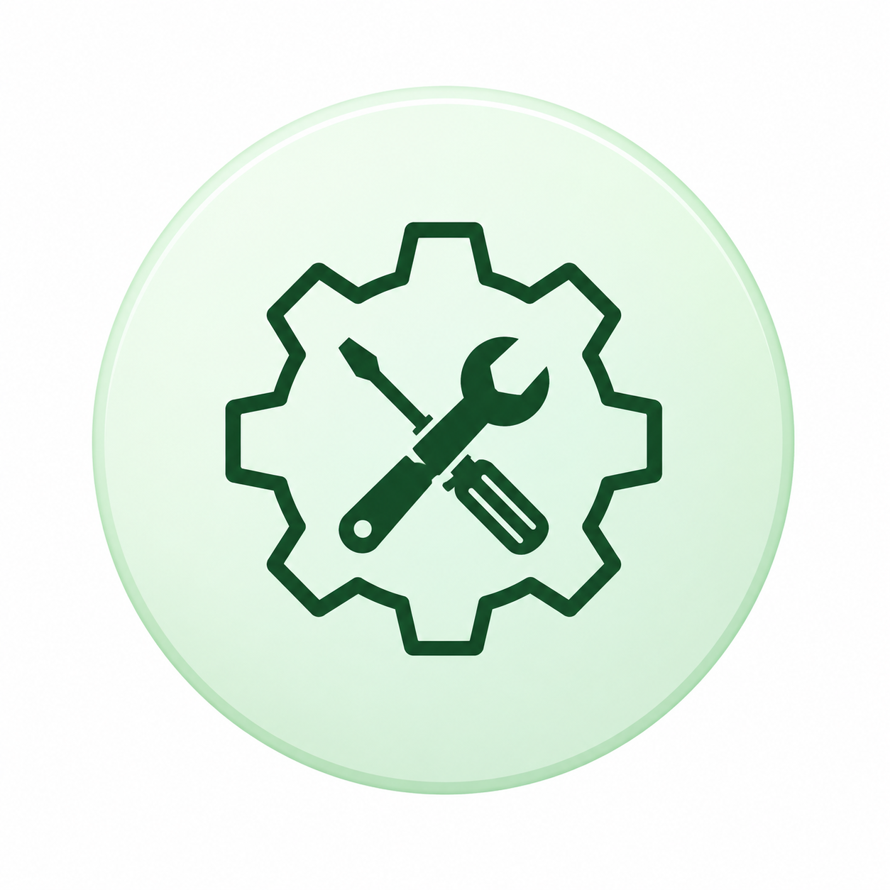 Icon of a gear with a screwdriver and wrench crossing inside, representing maintenance or repair services.