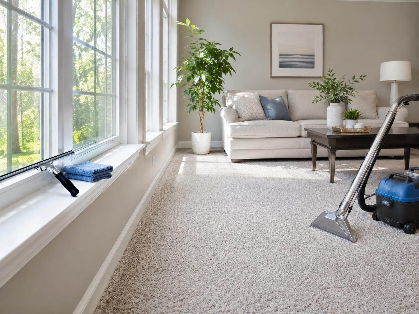 Living room with beige carpet, white couch with pillows, large window with sunlight, plants, framed artwork, coffee table, cleaning vacuum and scrub brush.