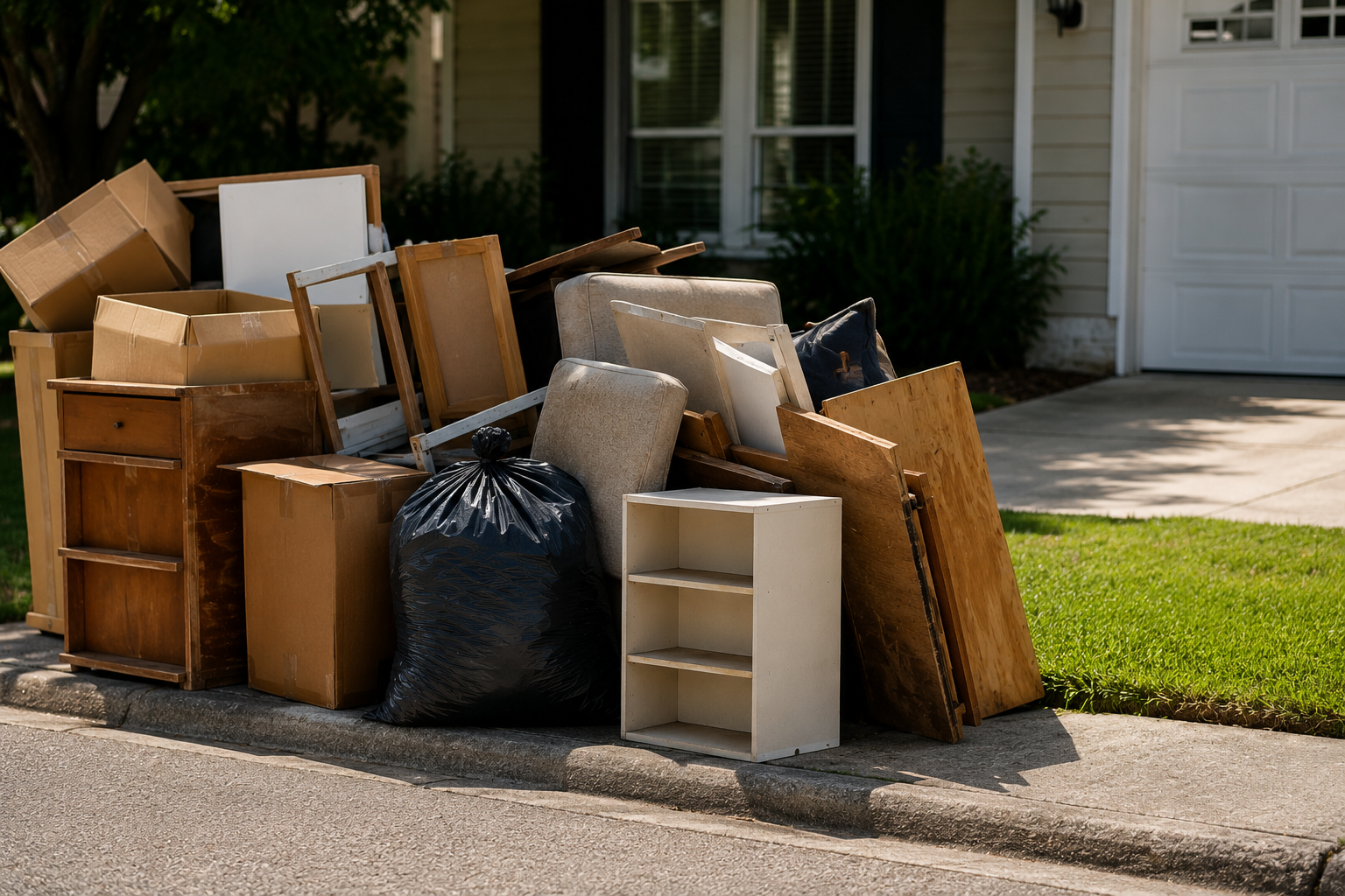 Pile of unwanted household furniture and garbage on the street curb, including chairs, a small white bookshelf, cardboard boxes, and a black garbage bag.