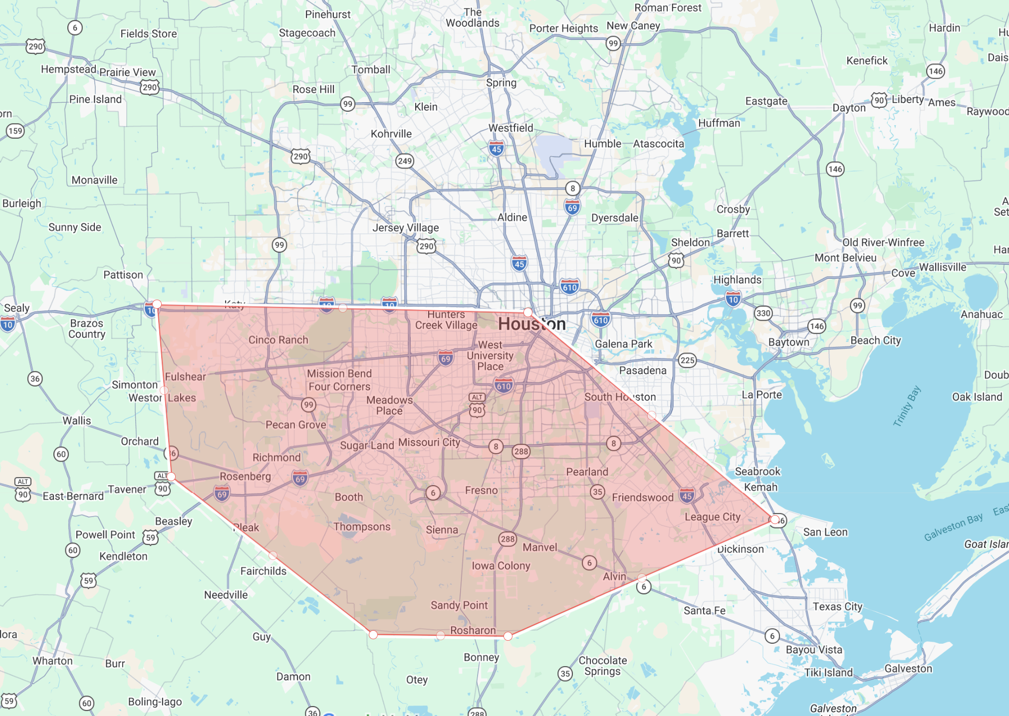 Map showing  Fort Bend County, Texas and surrounding areas, with a highlighted red boundary around parts of Houston.