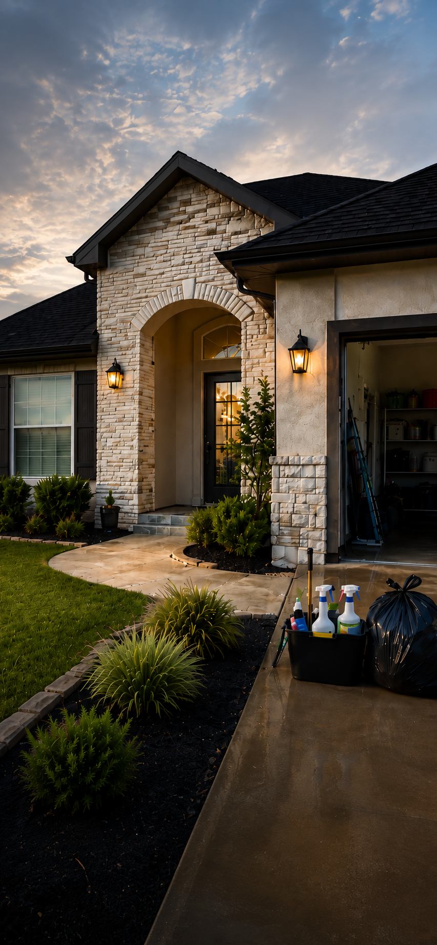 Front entrance of a house with a stone facade, black front door with glass panels, and outdoor wall-mounted lantern lights. A curved concrete walkway leads to the door, surrounded by neatly landscaped plants. The sky above shows clouds during sunset or sunrise.